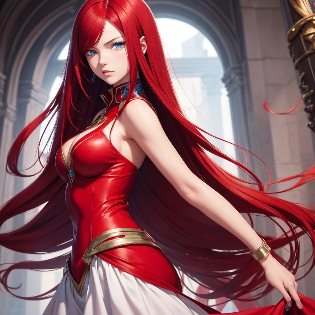 1girl, highres, sharp focus, pixiv masterpiece, (((intricate details)), highly detailed, one eye, red hair, fair skin, red eyes, long hair, adult Eris, Eris Boreas Greyrat,