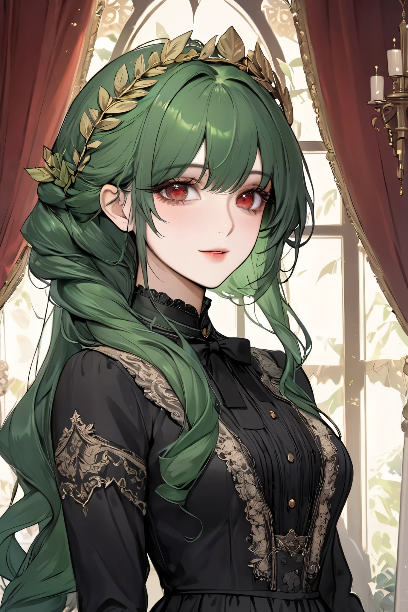 (extreamly delicate and beautiful:1.2), 8K,(masterpiece:1.0),(best_quality:1.0), 1 girl, and intricate detailing, Enlarged textures, and intricate detailing, finely eye and detailed face, and intricate detailing, green long curl hair, (sweet smiley), Perfect eyes, Equal eyes, red eyes (A famale god) with black academy victorian lady dress, look at camera, green long HAIR, Red EYES, green long HAIR, red EYES, Full body, with aula party background, black academy victorian lady dress, hairpin like Laurel crown yunani, perfect body, mansion fantasy background