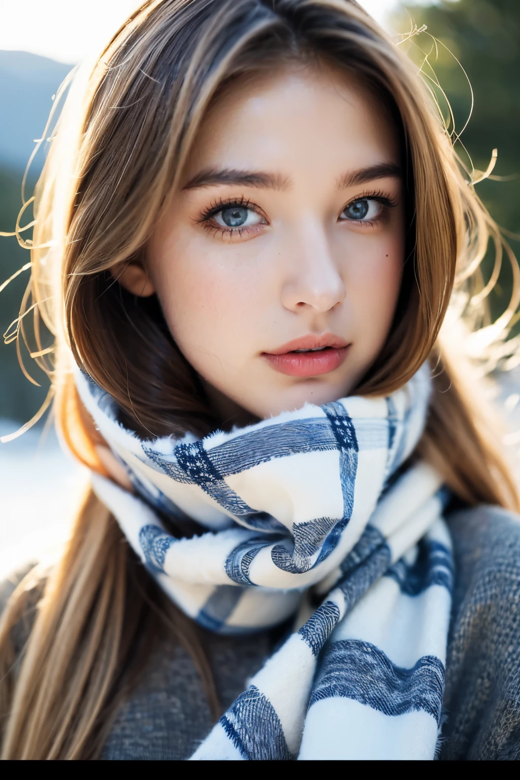 masterpiece,best quality, ultra highres,8k,16k,delicate photography, sharp line, sharp focus, (perfect anatomy:1.5), RAW photo, resolution,realistic,ultra detailed,sharp focus,RAW photo,白,蒼,黒,UHD,
BREAK,
24years old,beautiful european lady,
beauty hair,blue eyes,long lashes,large breasts,
wearing a stylish worm  jaket coat and a checked scarf, in winter. (Her breath is white:1.3),Snowy mountain,Powder Snow,Snow is falling,
BREAK,
Photo style,portrait,golden ratio,Fibonacci spiral composition,
