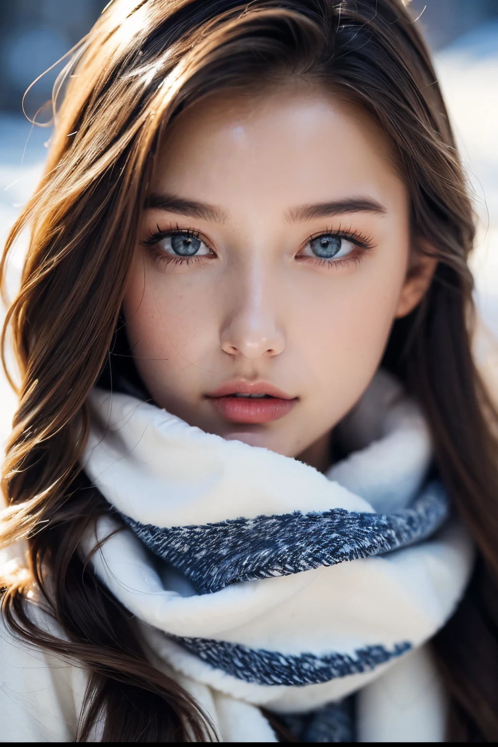 masterpiece,best quality, ultra highres,8k,16k,delicate photography, sharp line, sharp focus, (perfect anatomy:1.5), RAW photo, resolution,realistic,ultra detailed,sharp focus,RAW photo,白,蒼,黒,UHD,
BREAK,
24years old,beautiful european lady,
beauty hair,blue eyes,long lashes,large breasts,
wearing a stylish worm jaket coat and a checked scarf, in winter. (Her breath is white:1.3),Snowy mountain,Powder Snow,Snow is falling,
BREAK,
Photo style,portrait,golden ratio,Fibonacci spiral composition,