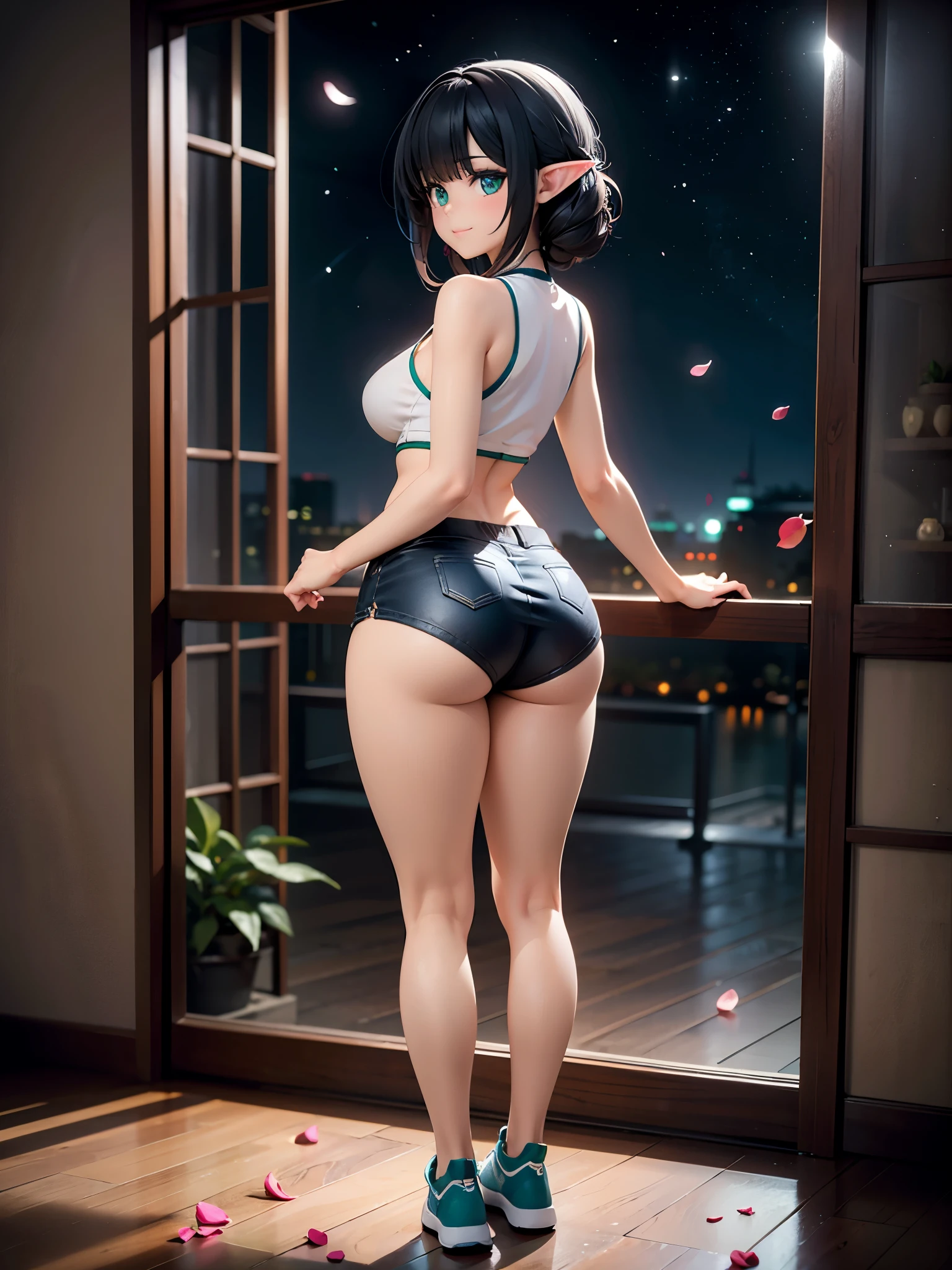 Realistic and detailed image of an elf. She wears a short sleeveless shirt, showing the belly, and loose minishorts showing half buttock. sneakers, She has a black hair, long, combed in a braid. Bright turquoise eyes. big breasts, curvy body. smiling. Standing by a window. full body view. view from behind, starry night, flower petals all around. Artificial light. Ambient light.