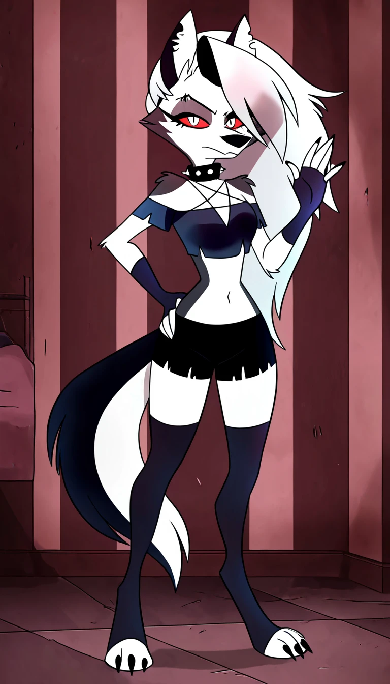 vibrant colors, 8K, high resolution, highly detailed, masterpiece, ((my little pony)), (black striped white hair), (pale white body), (gray eyes), standing, big breasts, beautiful body, purple lips, thong, slave, short patterned skirt, light top, ((slut pose on wall)), street