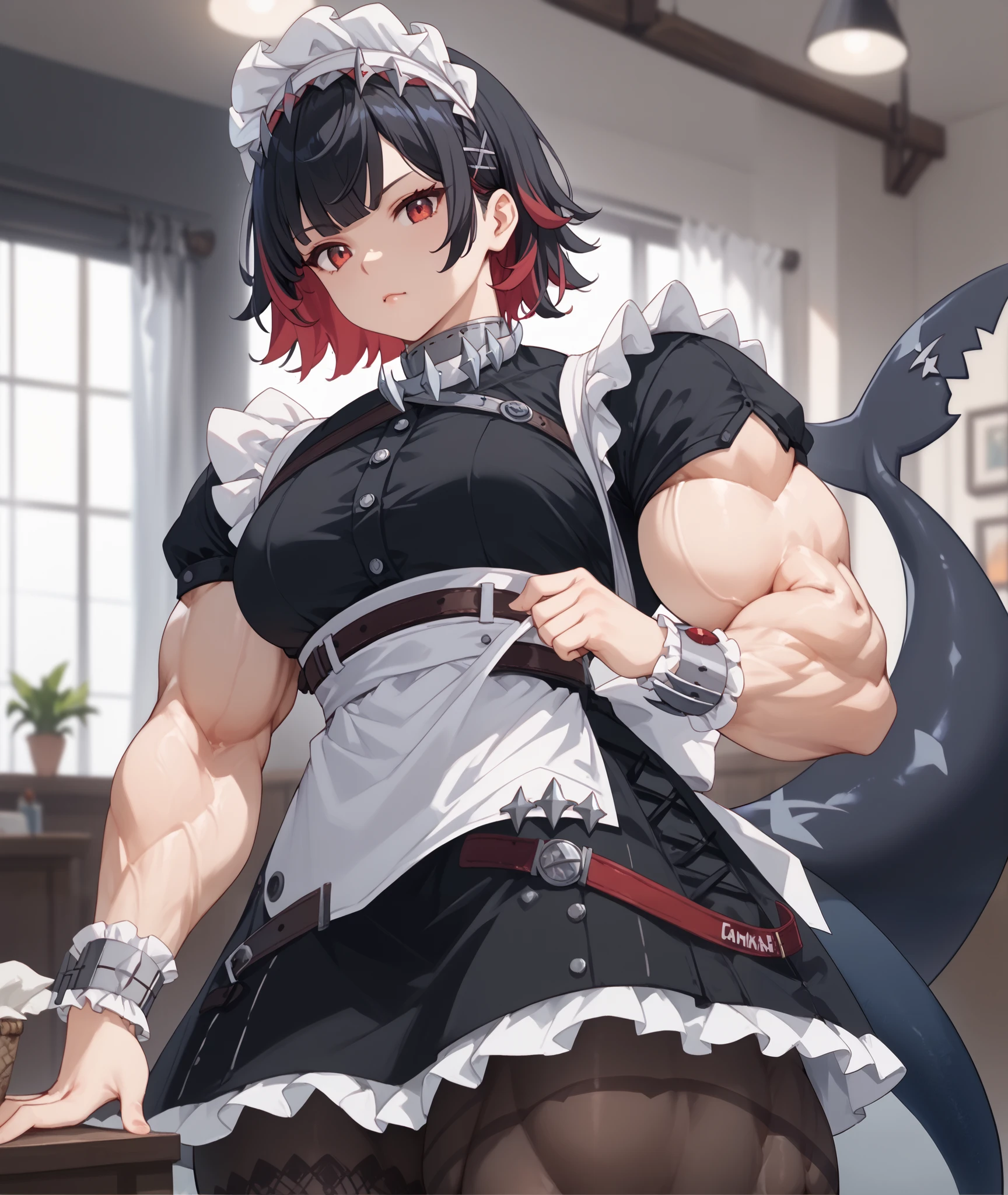 Allen, red eyes, Black Hair, short hair, Colored hair, Hairpin, , until, shark tail, maid headdress, Hair accessories, black dress, Puff Short Sleeves, choker, Ruffle Dress , High waist skirt, black pantyhose, Wrist cuffs, apron, belt, black shoes , Standing, confident posture, room, unhappy expression, beautiful view, good vibe , muscular female, alternate muscle size,, muscular thighs