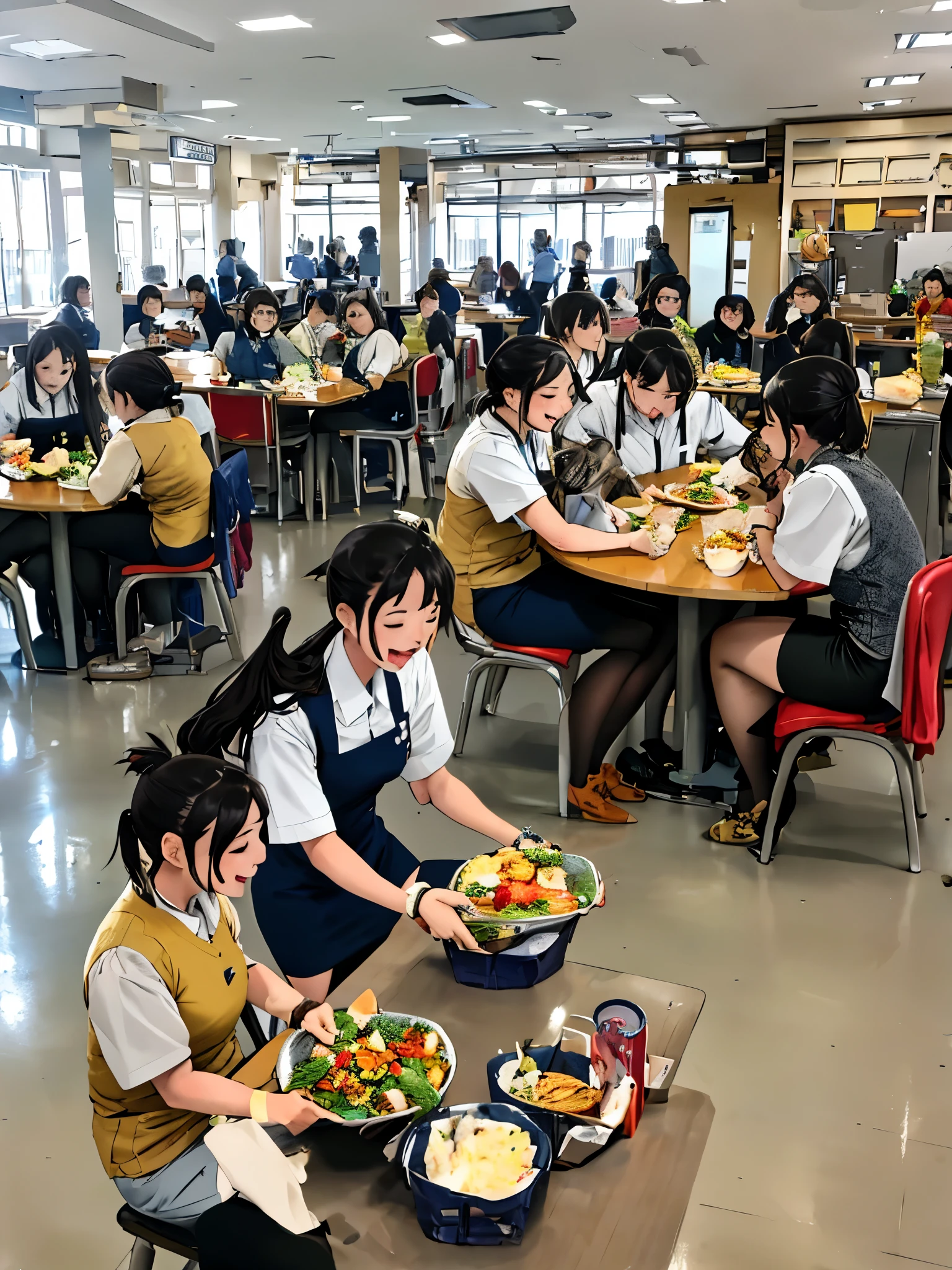 ( perfect anatomical structure ) Several women in their twenties sit in chairs around a round table in the cafeteria eating their lunches.
The women, all administrative staff, are wearing the same uniform of a cutter shirt, vest, pencil skirt, stockings, and high-heeled pumps.
Their hairstyles varied from short-cut hair to long hair and ponytails.
They all wear light makeup and enjoy their meals with natural smiles on their faces, creating a happy and joyful atmosphere.