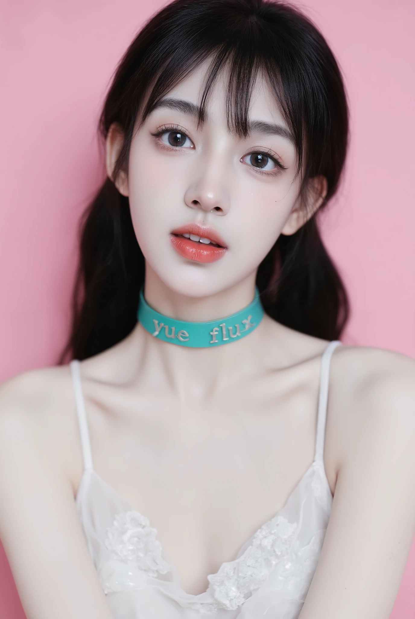 Beautiful albino **** girl with bright blue eyes, long curly Black hair with a ponytail bind up, light pink plane background , porcelain skin , (Thick turqouse leather choker with silver text "YUE FLUX"), Cumface teen with little of white, sticky, wet, Here Mouth is slitly open and she got traces ，Ultra detaild skin, photo ultra-realistic, hyper-detailed , Vogue photo shoot , cinematic, big limps with glossy pink lipstick