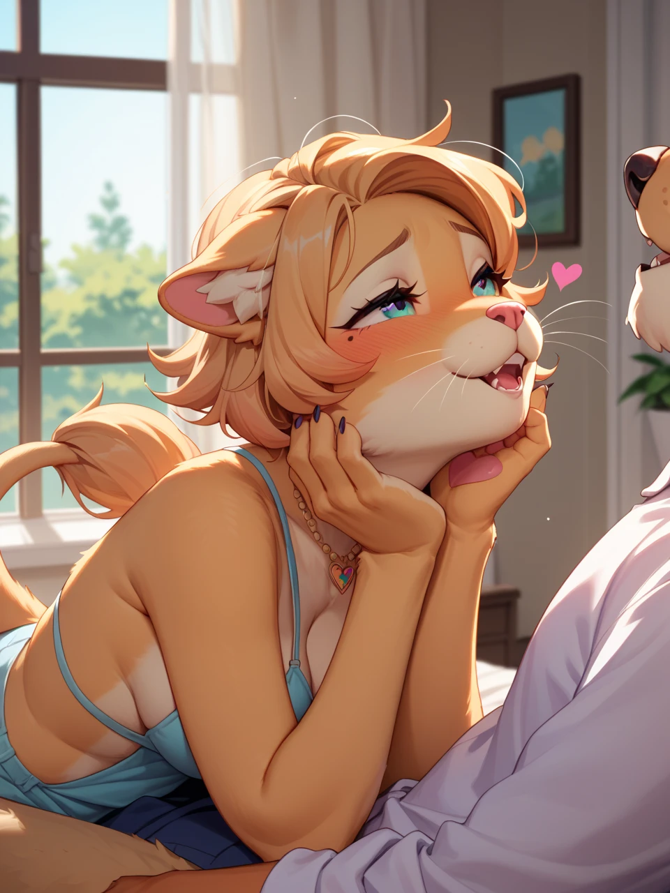 score_9,score_8_up,score_7_up, score_6_up, score_5_up,source_anime, Kat, Anthro furry feline, silver fur, grey stripes on body, blonde hair, pink nose, :3, closed eyes, female, naked, blowjob, she is sucking a faceless human males cock, deepthroat:2, she is taking the entire cock in her mouth, cumming in her mouth, throat bulge, in a medieval bedroom, side view