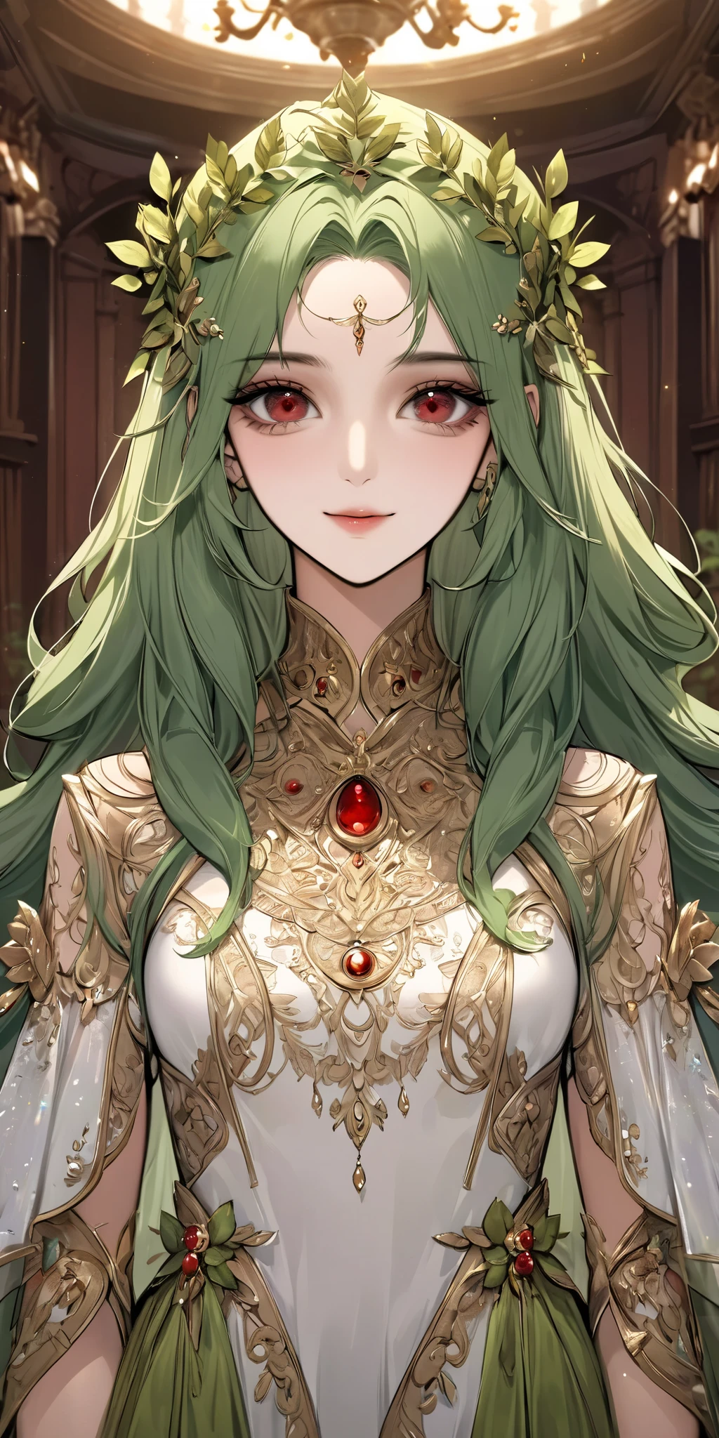 (extreamly delicate and beautiful:1.2), 8K,(masterpiece:1.0),(best_quality:1.0), 1 girl, and intricate detailing, Enlarged textures, and intricate detailing, finely eye and detailed face, and intricate detailing, green long hair, (sweet smiley), Perfect eyes, Equal eyes, red eyes (A famale god) with golden Yunani romawi lady dress, look at camera, green long HAIR, Red EYES, green long HAIR, red EYES, Full body, with aula party background, golden Yunani romawi lady dress, hairpin like Laurel crown yunani, perfect body, mansion fantasy background