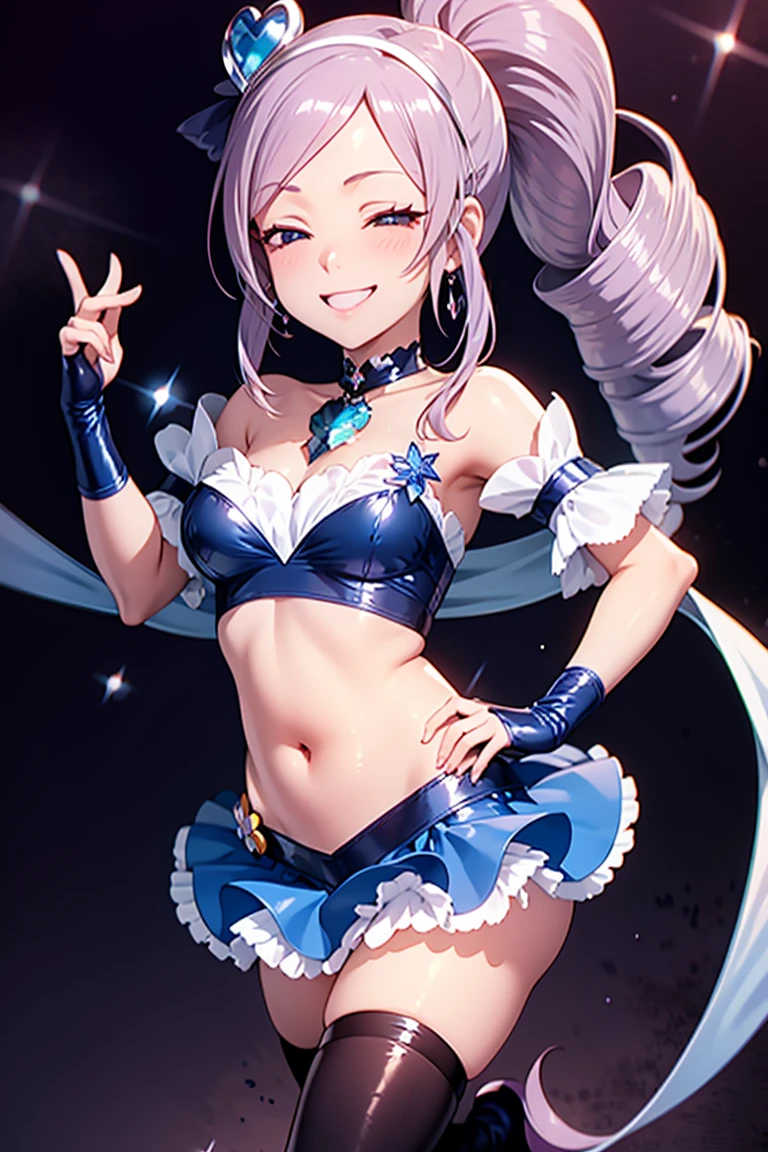 Cure Berry, Pretty Cure, Wrist cuff, Blue Skirt, Black latex dress, Side Ponytail, Blue Boots, gem, hair band, Navy knee socks, Blue Ribbon, belly button, Floral Background, corruption, NTRGAO, Hollow Eyes, Half-closed eyes, Wicked Smile, No students, Crazy Smile, Open your mouth, One girl, Mature Woman, Married women, Dark Magical Girl