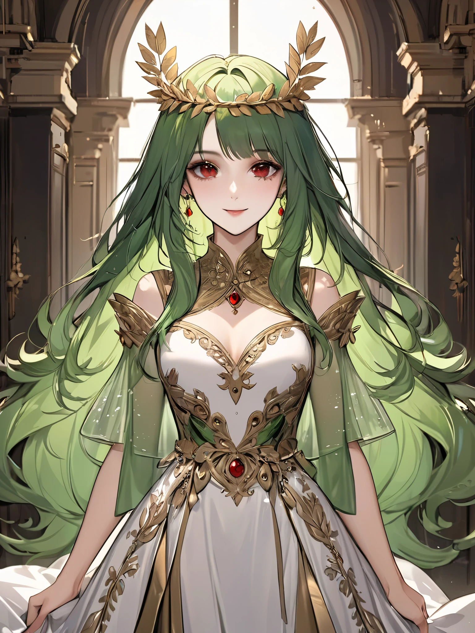 (extreamly delicate and beautiful:1.2), 8K,(masterpiece:1.0),(best_quality:1.0), 1 girl, and intricate detailing, Enlarged textures, and intricate detailing, finely eye and detailed face, and intricate detailing, green long hair, (sweet smiley), Perfect eyes, Equal eyes, red eyes (A famale god) with golden Yunani romawi lady dress, look at camera, green long HAIR, Red EYES, green long HAIR, red EYES, Full body, with aula party background, golden Yunani romawi lady dress, hairpin like Laurel crown yunani, perfect body, mansion fantasy background
