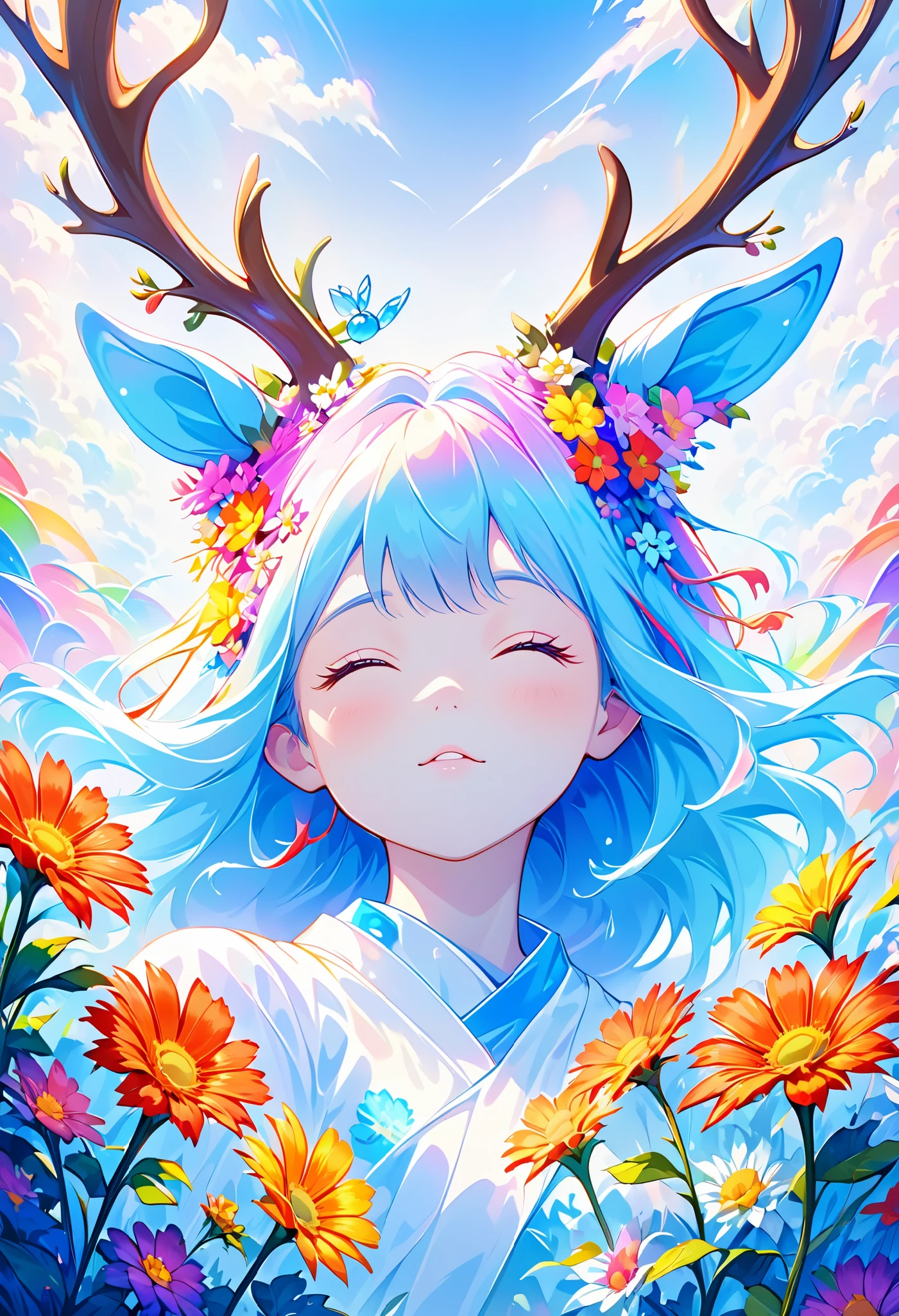 (Psychedelic Art:1.5), (View from below:1.2),girl, anthropomorphism,Large color blocks, white , blue , upper body, Close Your Eyes ,deer ,There are flowers,