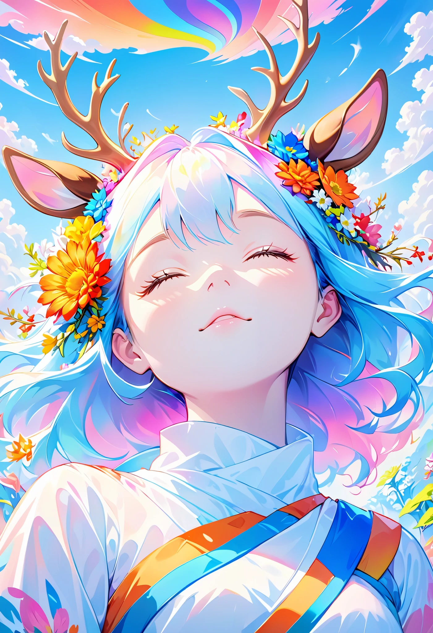 (Psychedelic Art:1.5), (View from below:1.2),girl, anthropomorphism,Large color blocks, white , blue , upper body, Close Your Eyes ,deer ,There are flowers,