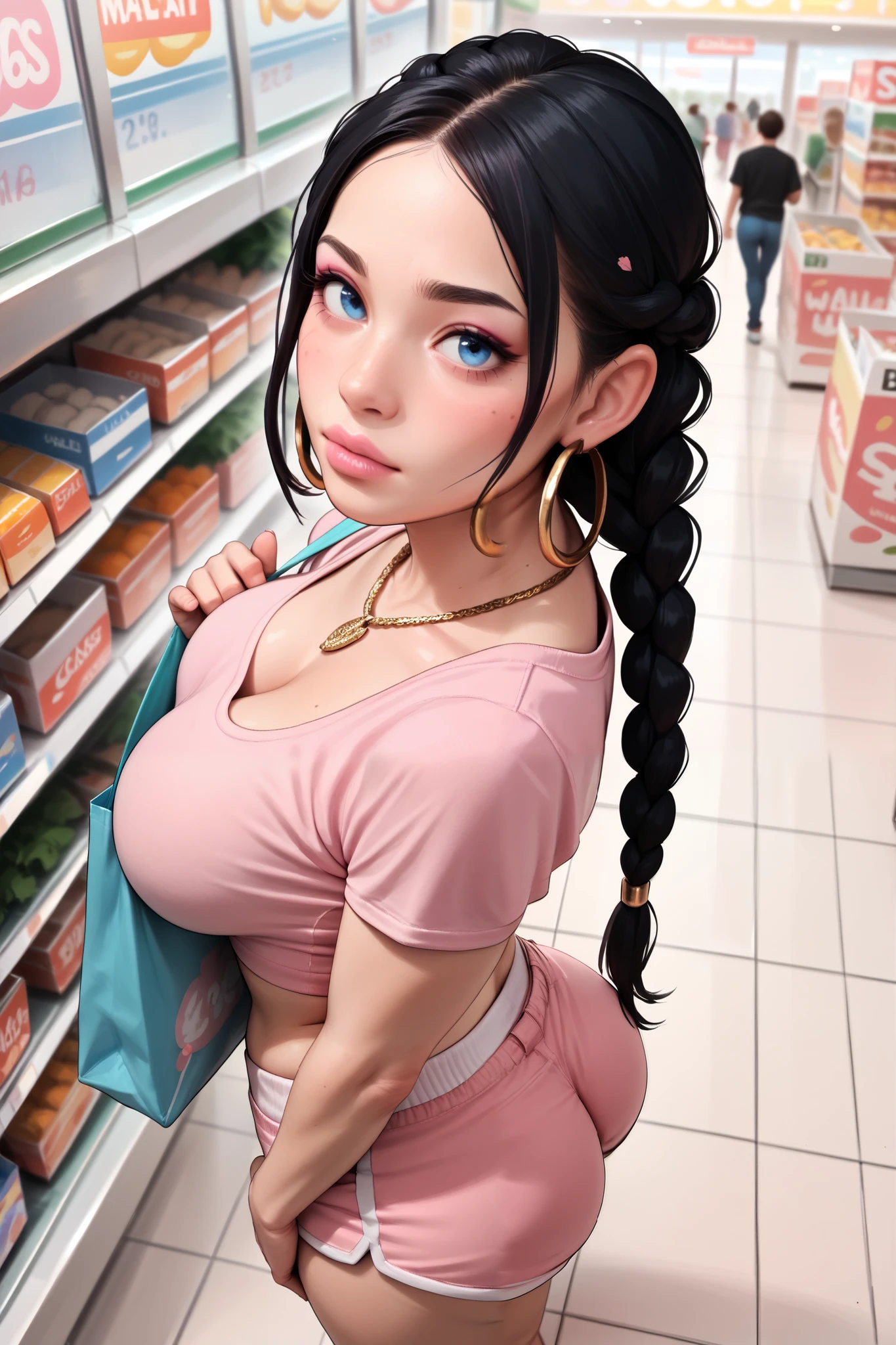 ( Very pretty woman, with a sculptural body, , and huge , Blue eyes with long braided black hair), ( the woman is wearing pink lipstick on her lips , with makeup on your face), ( the woman is wearing light pink shorts and a pink top), ( the best is wearing a gold necklace , and gold hoop earrings ),
(The woman is at a shopping mall ). ( front image focusing on the body, but also focusing on the face ). ( ultra quality 16k ). ( realistic photo ). Upper Angle (Bird’s Eye View)