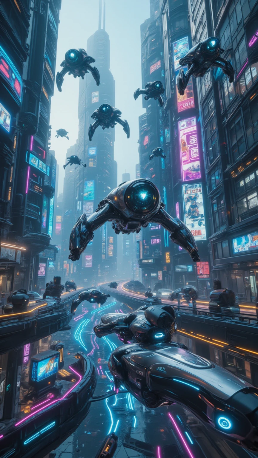 (best quality,4k,8k,highres,masterpiece:1.2), photorealistic,photo-realistic:1.37),highly detailed, futuristic metropolis. Skyscrapers with media screens covering their sides instead of windows. Hover vehicles fly high and chase each other. Speed lines. Motion lines. Hover bikes follow close behind while dodging drones that litter the crystal clear sky. 3D, 4D, realism, cinematic photography, cinematic lighting, cinematic portrait, portrait photography, cinematography, full focus, UHDR, hyperrealistic, visually disorienting, hallucination inducing, optical illusions, startling, stunning images, awe-inspiringly, pixel assets, portrait photography, surrealism, etheral,  cyberpunk cityscape, futurism, highest quality, masterpiece.