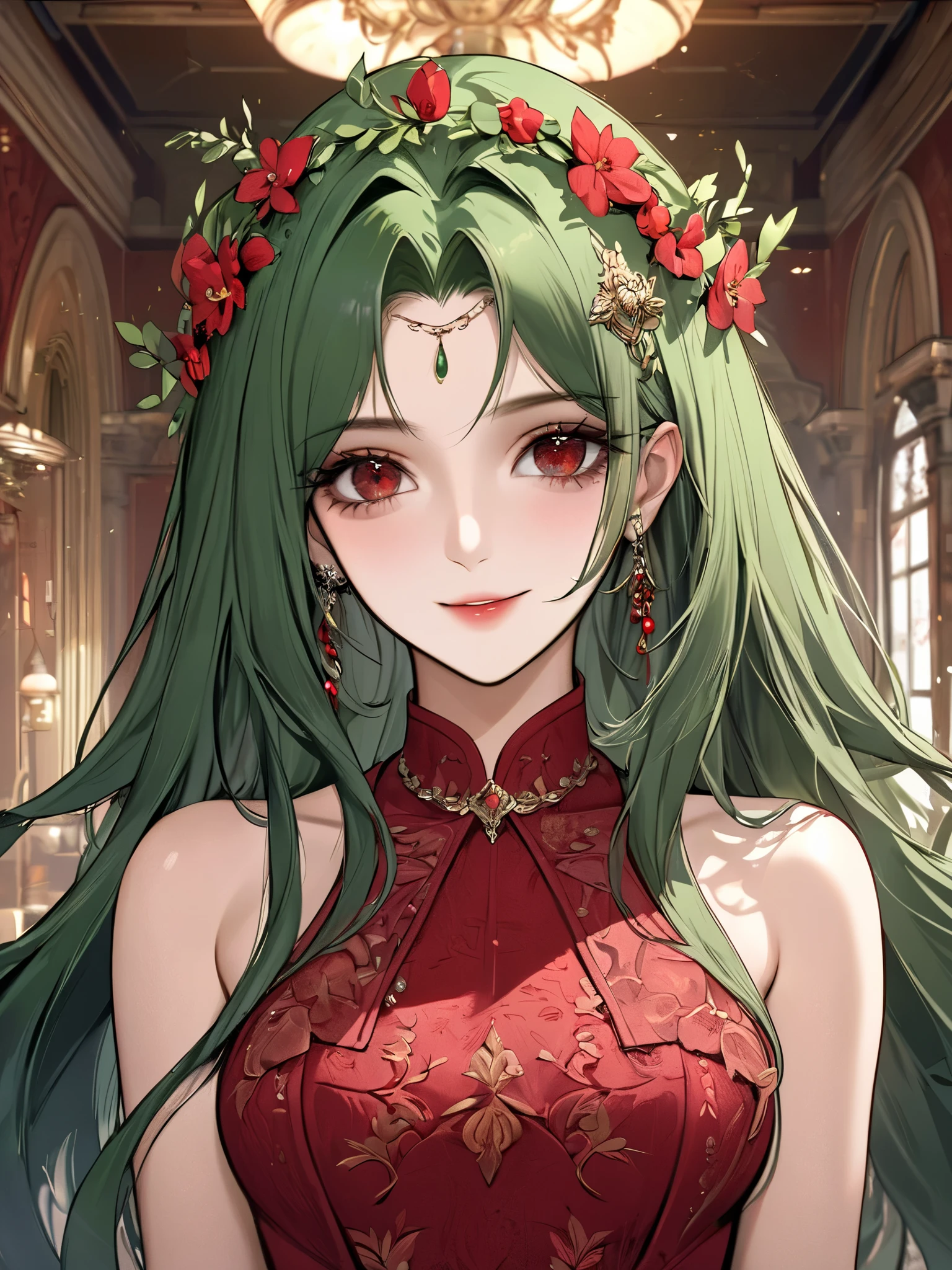 Anime girl with green hair and red dress in a room - SeaArt AI