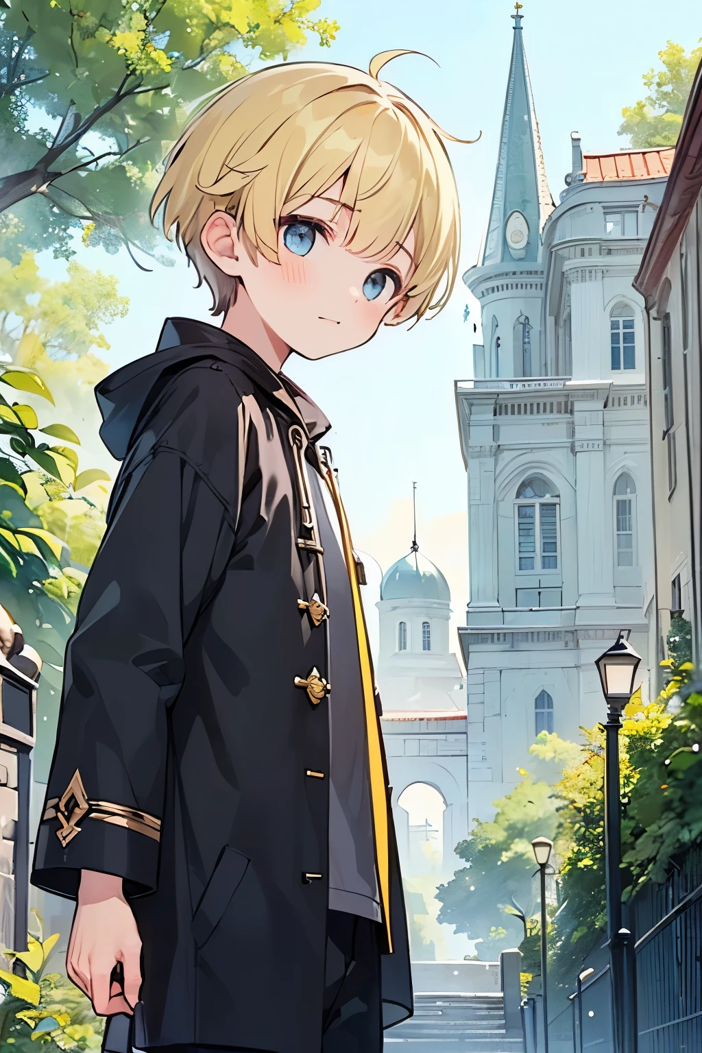 ((boy:1.5)),(asymmetric hairstyle:1.3),(blonde:1.2),(Hair cut only on the left side:1.4),((wizard's robe:1.2)),((opening a magic book)),(background with twinkling stars:1.35),waving in the wind,(looking up at the sky:1.5),((close up of face:1.2)),((Super high quality:1.5)),