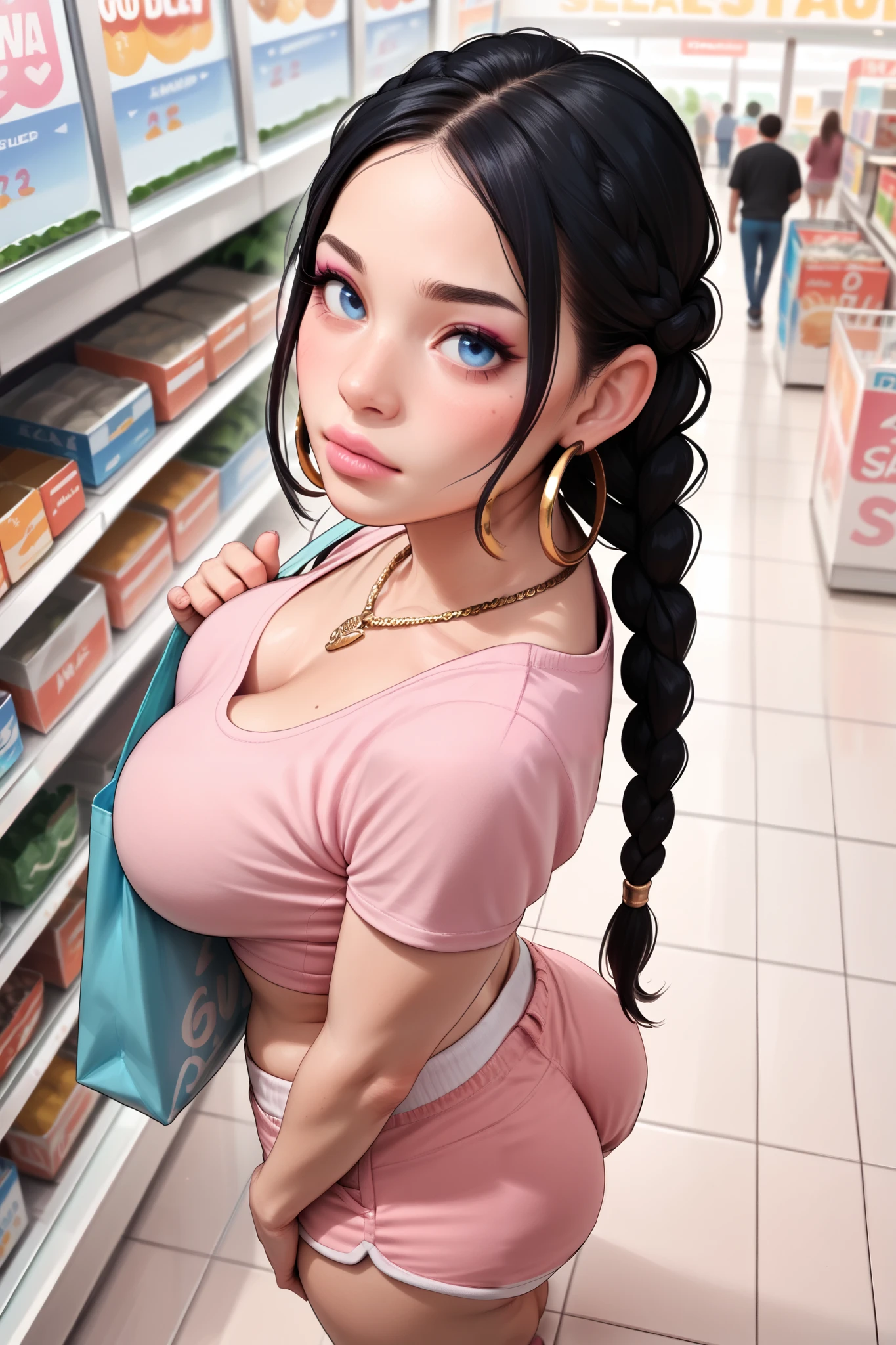 ( Very pretty woman, with a sculptural body, big breasts, and huge buttocks , Blue eyes with long braided black hair), ( the woman is wearing pink lipstick on her lips , with makeup on your face), ( the woman is wearing light pink shorts and a pink top), ( the best is wearing a gold necklace , and gold hoop earrings ),
(The woman is at a shopping mall ). ( front image focusing on the body, but also focusing on the face ). ( ultra quality 16k ). ( realistic photo ). Upper Angle (Bird’s Eye View)