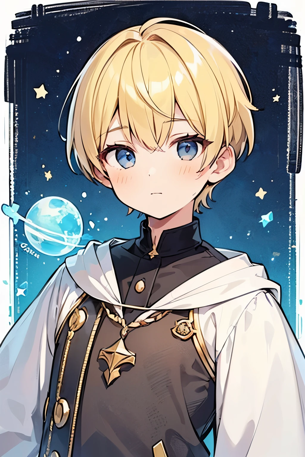 ((boy:1.5)),(asymmetric hairstyle:1.3),(blonde:1.2),(Hair cut only on the left side:1.4),((wizard's robe:1.2)),((opening a magic book)),(background with twinkling stars:1.35),waving in the wind,(looking up at the sky:1.5),((close up of face:1.2)),((Super high quality:1.5)),Smile