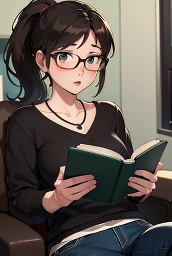 1girl, solo, reading a book, cute, laying on a couch, wearing a sweater, underwear, redhead, wearing glasses, freckles, young girl, 20 years old, rendered, semi-realistic, safe for work, thick