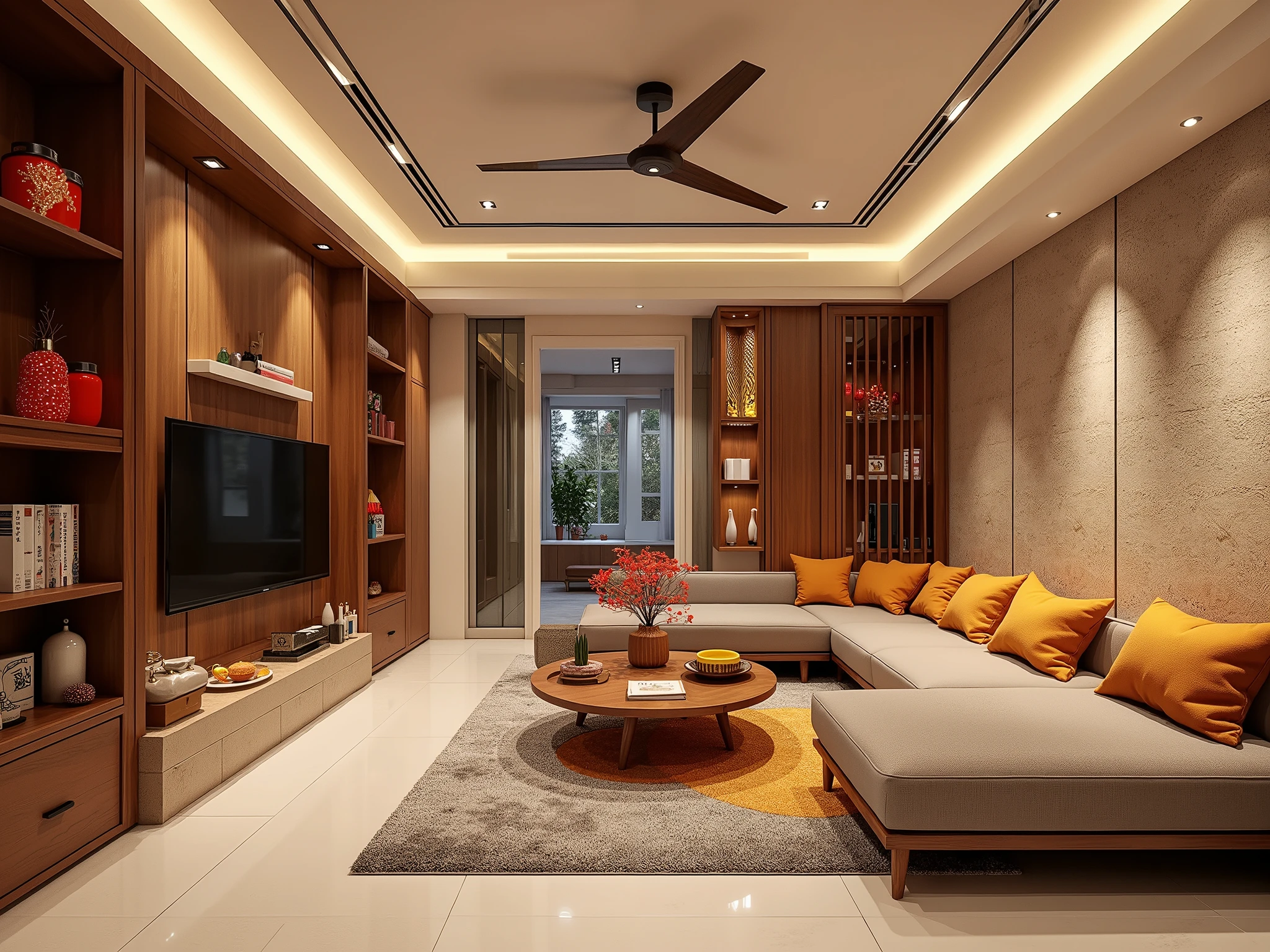 Design a modern and cozy living room with materials mainly wood and stone, bring Vietnamese Chinese New Year space . The room should have elements such as :
1. Walls and floors made of natural stone or imitation stone tiles to create a feeling of solidity , luxurious.
2. The interior is mainly made of natural wood , includes wooden sofa , TV Shelf, tea table and limbs Decorative details such as bookshelves , wardrobe .
3. Decorated space with Tet style with items items like : peach, Apricot tree , Red lantern, New Year's Eve Sentence
! 4. Tạo điểm nhấn bằng ánh sáng Yellow nhẹ từ đèn trang trí, combine with open and open spaces to create a cozy feeling , unionists.
5. The dominant color is red , Yellow, green , harmoniously combines traditional and modern elements ."