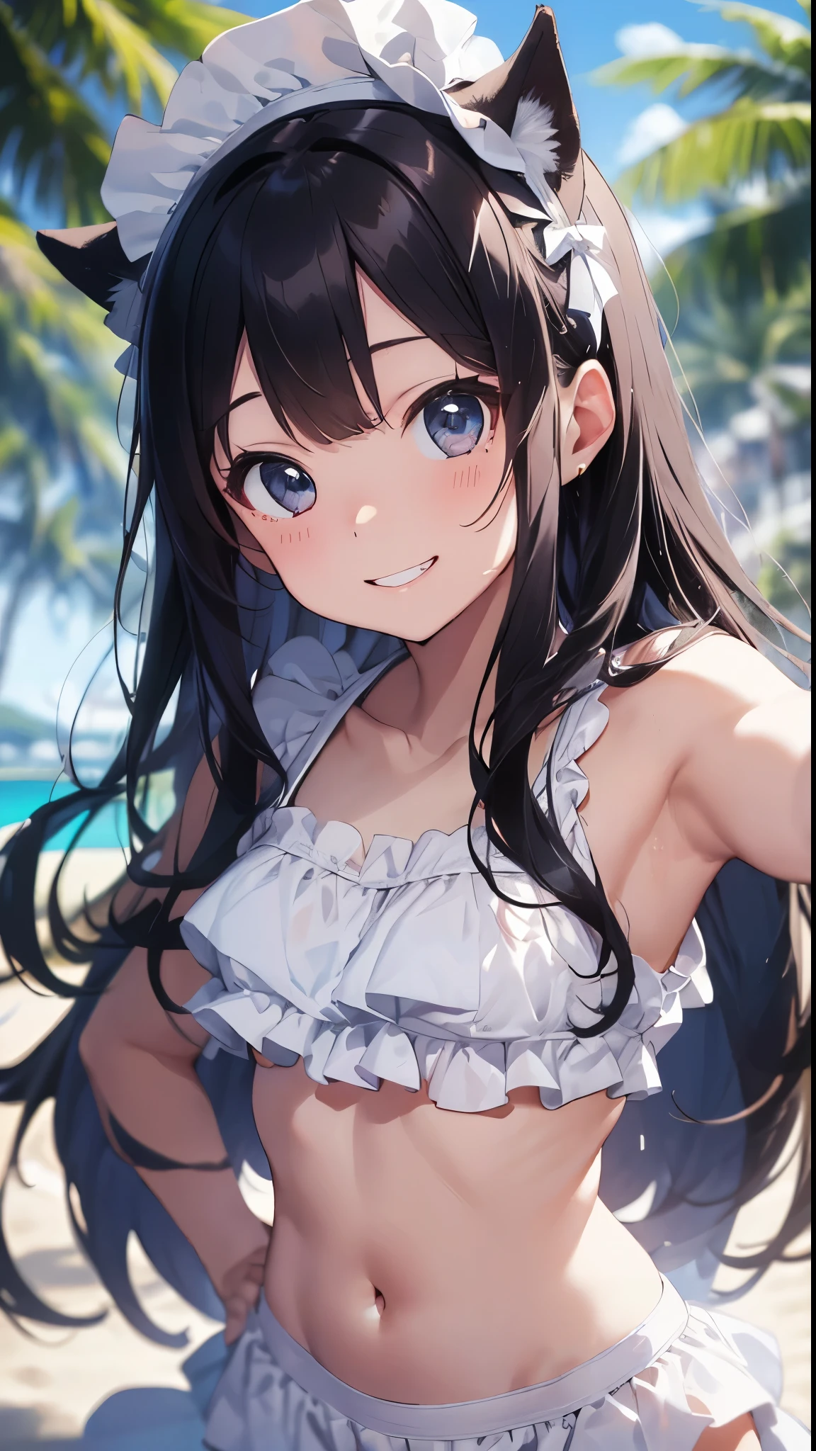 actor、ちいさなスーパーIdol、shy person、Tan Skin、(10歳のgirl)、(Beachで泳いだり)、(School Uniform)、(Sheer uniform)、(Laughing)、((Highest quality、8k、masterpiece:1.3))、girl、White Dress:1.1、Cute girl、Primary school students、Young Girl、(Flat Chest)、(Small breasts)、(((Acup)))、bust75centimeter、Idol、Droopy eyes、yellow、Small and delicate body、Slender、Super detailed face、(Big eyes:1.2)、Make your eyes clearer、double eyelid、Ultra-high resolution,、Wide forehead、No makeup、Realistic eye and facial details, Perfect teeth alignment、Perfect eyes and a perfect mouth、スクールSwimwear、Bloomers、1girl、Gravure pose、ponytail、Charm、髪をかき上げながら笑顔でWink、Beach、mini skirt、gold、Beautiful Supermodel, Dark Eyes、Wink、Swimwear、bikini、slender、(Acup)、Fairy、ballerina、Shiny satin fabric、Pool Party、Perfect Face、Perfect Eyes、Narrow waist、ribbon、beautiful girl、(Short Hair)、ribbonの髪飾り、Garter Ring、マイクロbikini、(masterpiece), Beautiful Face, 、 Beautiful Eyes, Black Hair, very cute, 8 Life-size,8k resolution, elegant, Approaching perfection, A stunningly beautiful 10-year-old girl(1girl:1.1), Ultra-high resolution, Best Quality, Small round face, Big eyes, Highly detailed face and eyes, Slenderの, Thin thighs, Make your legs thinner,
