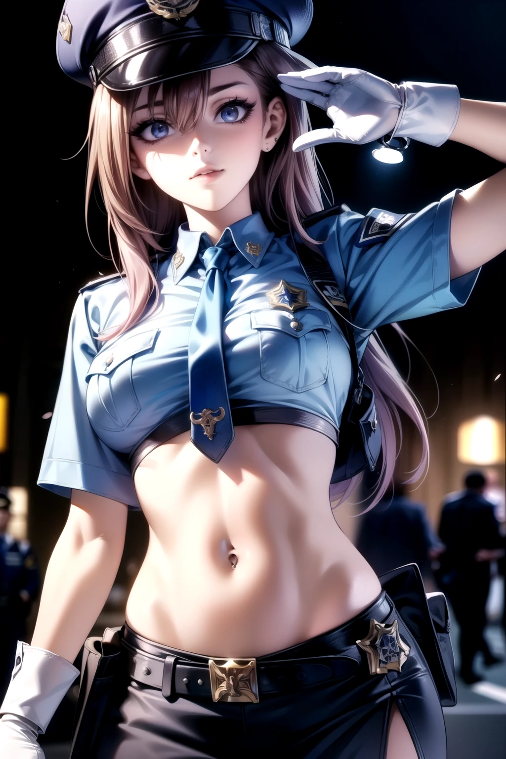 ((((( dynamic images)))、((Impactful images))、((( face best quality)))、masterpiece、 high resolution、8k highest quality、 realistic details 、female 1 person、 long dark hair、 silky hair、Brown piercing eyes、 charming eyes、Police Officer、Police Officerの制服を着用、日本の女性Police Officerの制服、light blue short shirt 、 lower breasts visible 、 belly button sticking out of the butt、Navy blue tie、 low rise mini skirt、belt、white gloves、 police hat、handcuffs