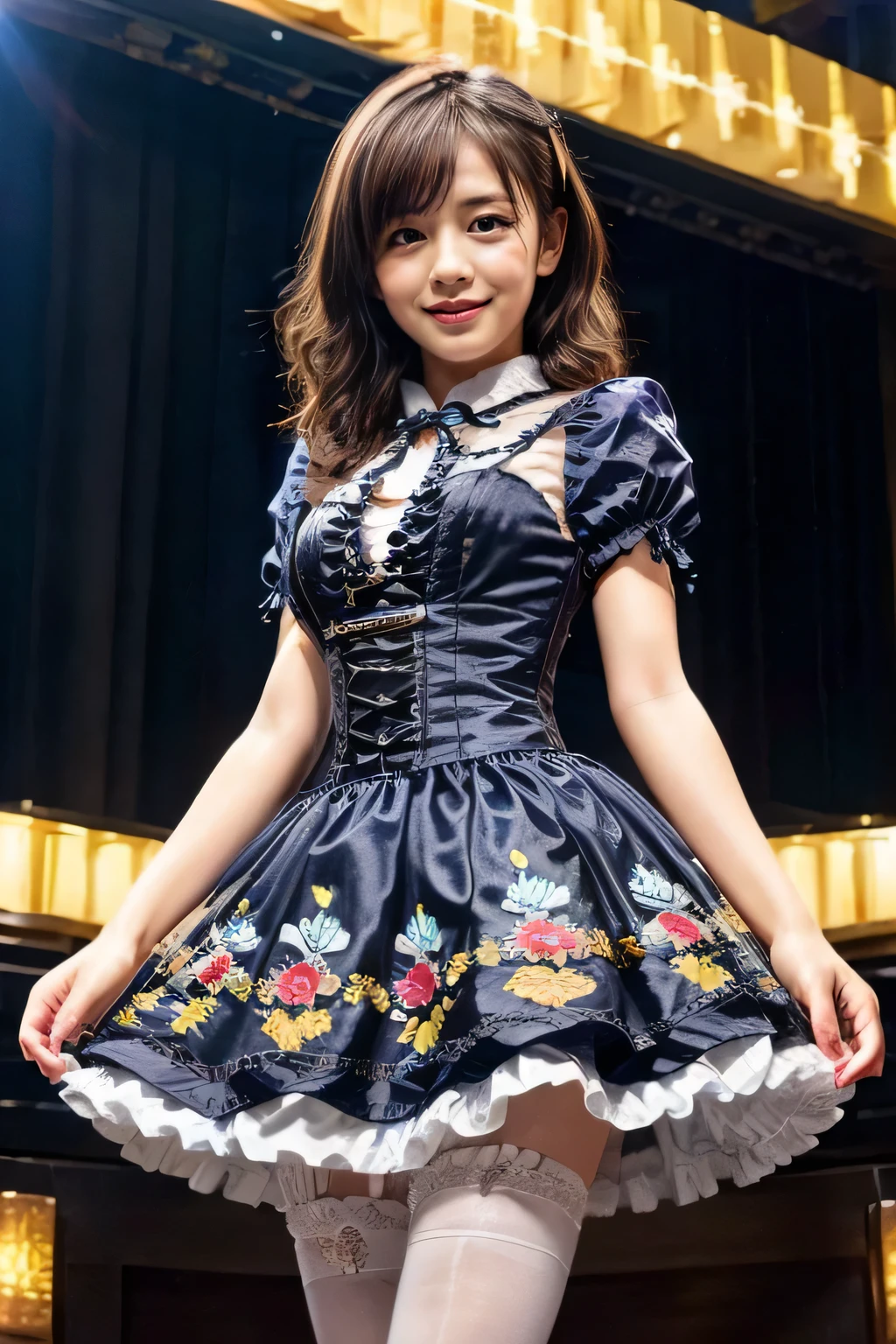 8k、 best quality 、MAXIMUM CLARITY 、 very detailed、 Beautiful Art 、 very detailed、 Japanese、woman、20 years old、 biologically correct body 、 Gentle Smile 、Idol 、 medium boobs 、((( Luxurious ruffles and delicate embroidery)))、 pantyhose、 high definition surrounded by chicks , accurate、 Seen from the Front 、