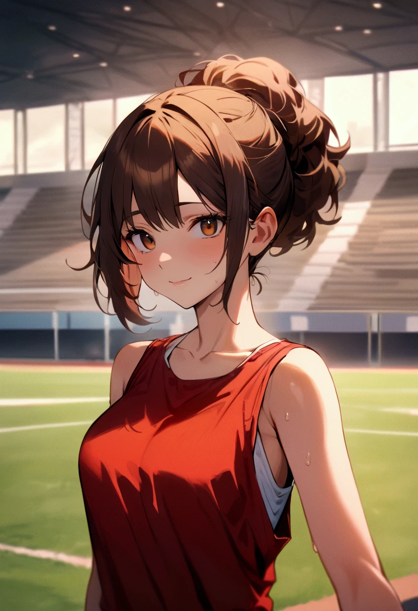  best quality , Masterpiece,  high resolution,  Details, Fine wrinkles,  beautiful, 24 year old female , Duo,  tea hair,  short hair while on a business trip, Big brown eyes, bright eyes,  smiles,  blanking,  athlete, walk short distance,  white and red uniform,  tank top,  athletic stadium , , , whole bodyポートレート,Alone,sweat,whole body