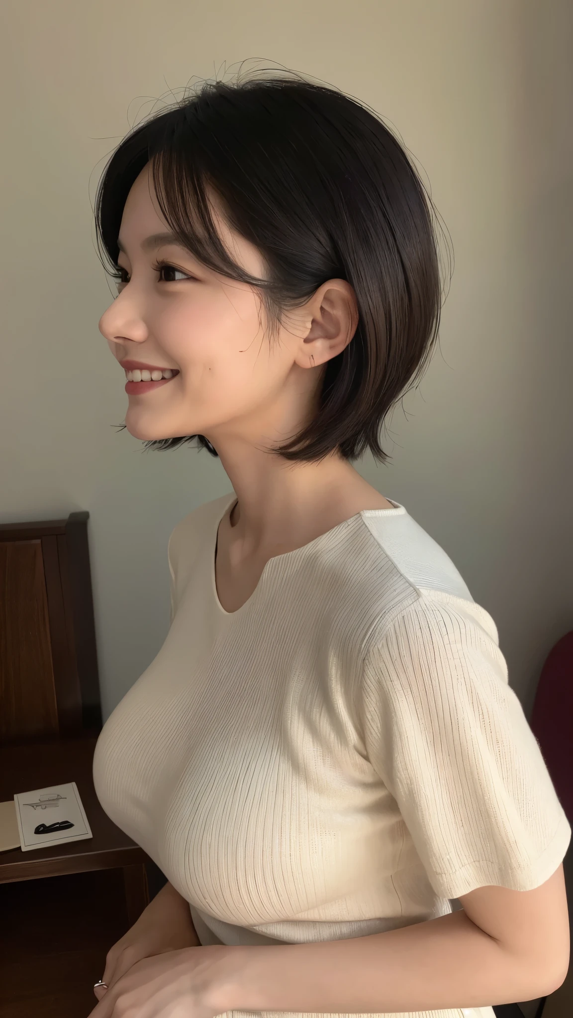 (Highest quality,8k,masterpiece),#Beautiful mature woman,
Portrait of a mature woman,Very deep,
Very beautiful face,Lip gloss,
Big Breasts,Total,
Loose-fitting sweater, 