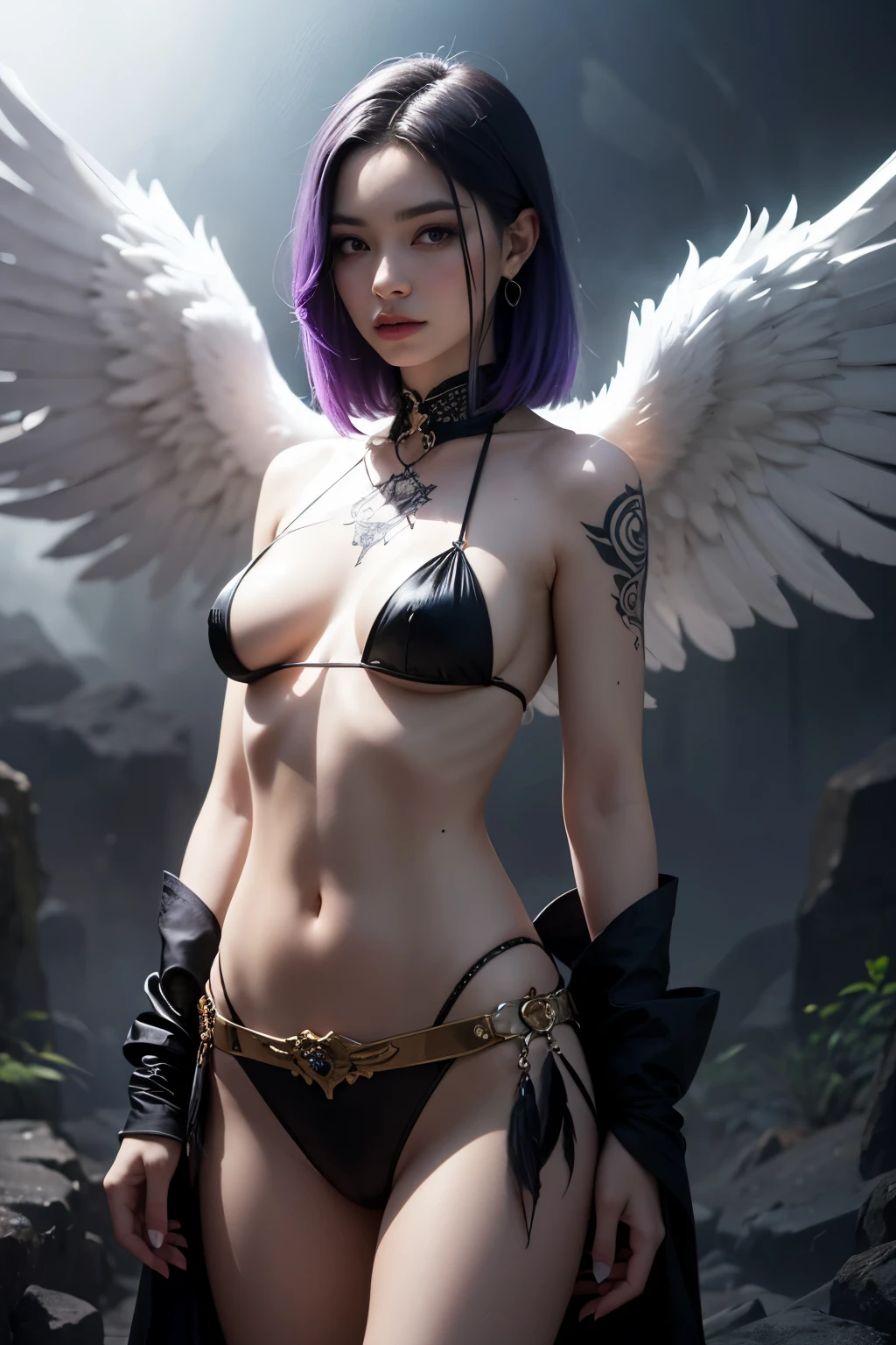 Short hair. Smiling bikini, purple hair. Big tits. Miniskirt. On the mountain. Clouds around. Angel wings on the back. Fly freely above the clouds. Magic broom. Wizard. Wizard Tongari hat. Magic robes. Purple Wings