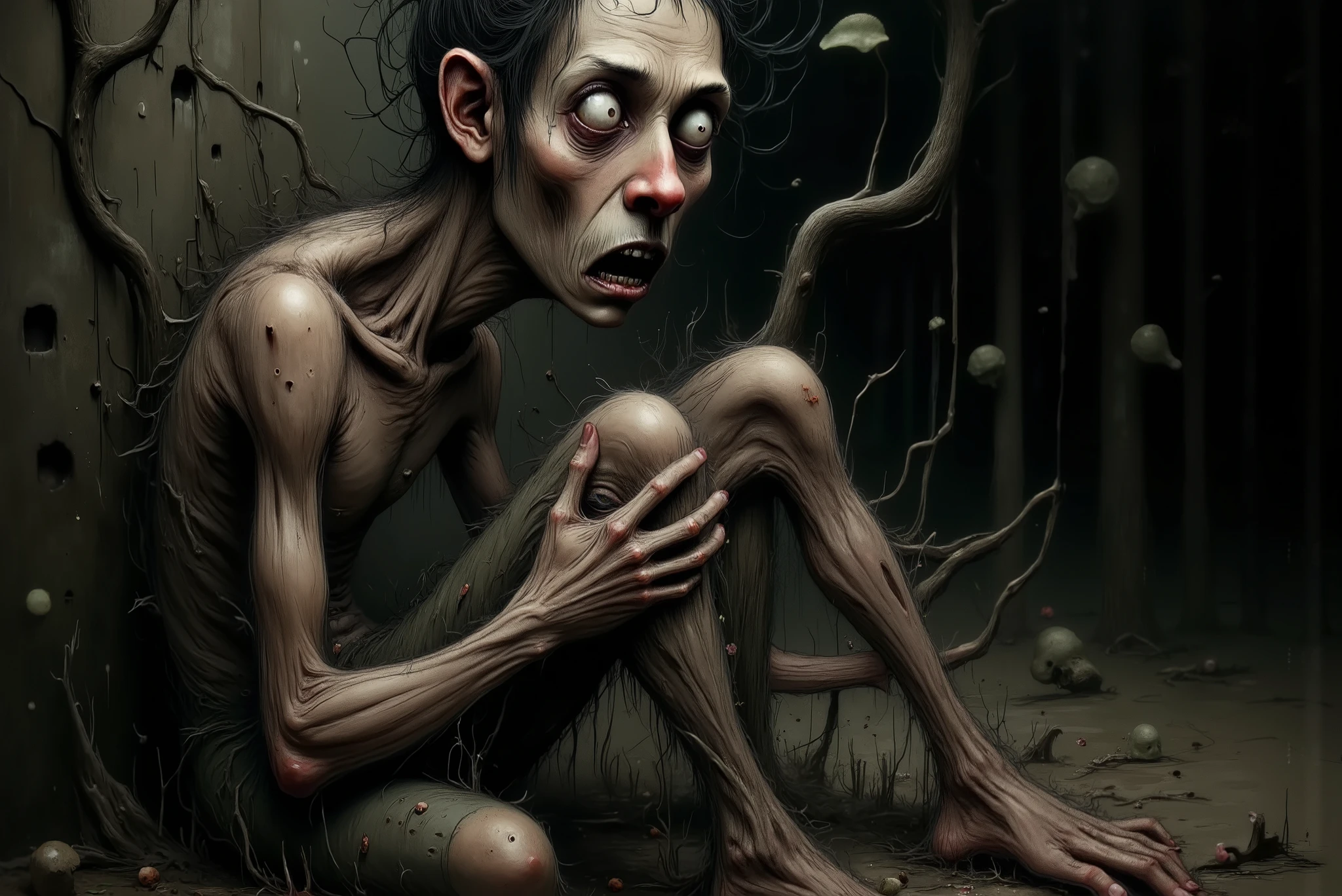 a man sitting on the ground, covered in vines, leaves, roots, dark scene, dark forest background, sad, gloomy, (best quality,4k,8k,highres,masterpiece:1.2),ultra-detailed,(realistic,photorealistic,photo-realistic:1.37),dramatic lighting,dramatic atmosphere,chiaroscuro,moody,dark colors,melancholic,detailed facial features,expressive eyes,detailed hands,intricate textures,overgrown foliage,dense undergrowth,muted tones,cinematic