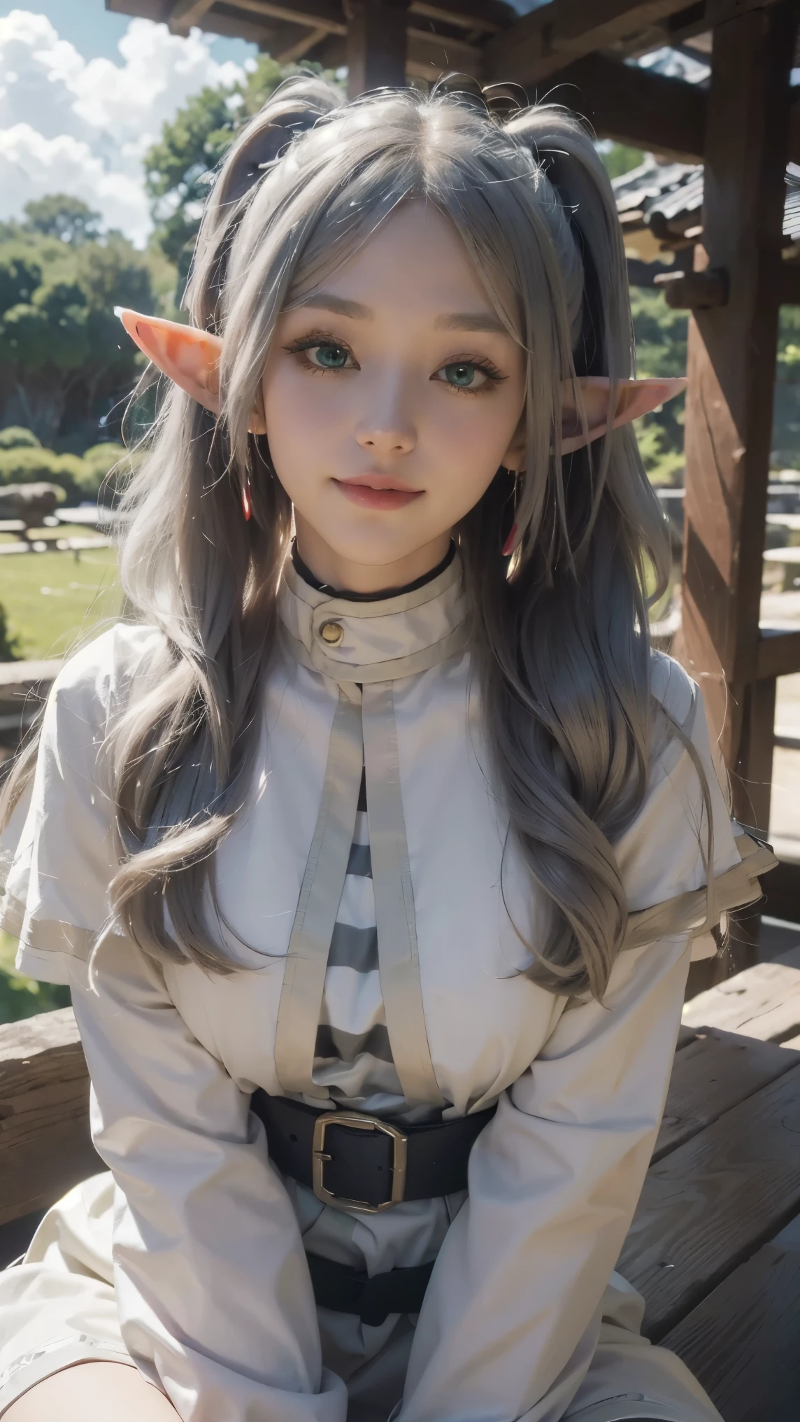 Frieren,(best qualityer,4K,8k,high resolution,work of art:1.2)(weather: cloudy), Japanese village background, Japanese garden, striped top, long sleeves, white capelet, belt, mini skirt, black pantyhose, high boots, eyeliner, long wavy hair, twin tails, white hair, elf ears, ultra detailed, realistic, portrait, beautiful detailed green eyes, glowing eyes, blush, beautiful detailed lips, extremely detailed eye and face, long eyelashes, sexy, average, large breasts, beaming smile, flirty smile, powerful girl, heroic pose, stunning curves, bright coloured, dramatic lighting,