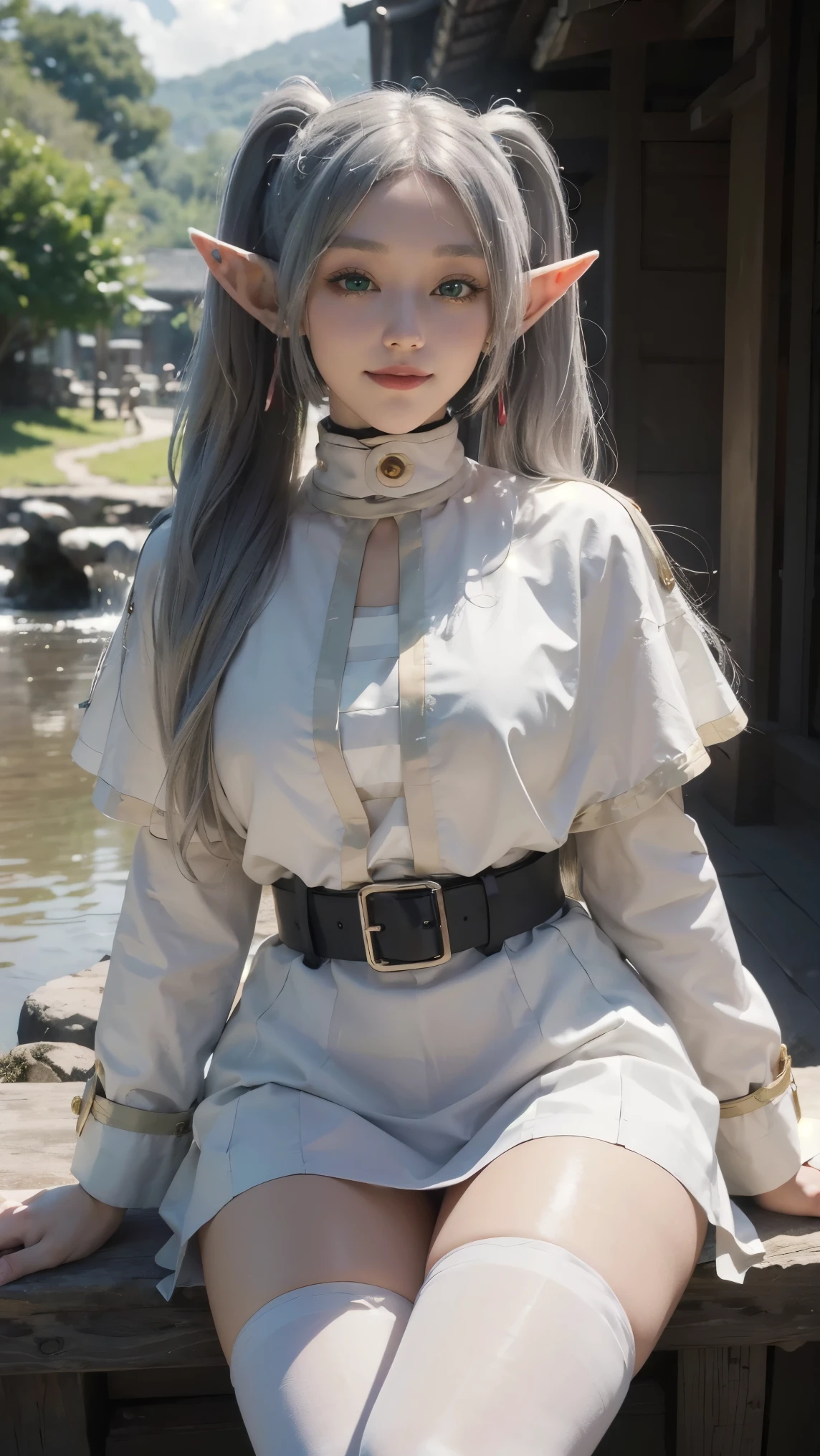 Frieren,(best qualityer,4K,8k,high resolution,work of art:1.2)(weather: cloudy), Japanese village background, Japanese garden, striped top, long sleeves, white capelet, belt, mini skirt, black pantyhose, high boots, eyeliner, long wavy hair, twin tails, white hair, elf ears, ultra detailed, realistic, portrait, beautiful detailed green eyes, glowing eyes, blush, beautiful detailed lips, extremely detailed eye and face, long eyelashes, sexy, average, large breasts, beaming smile, flirty smile, powerful girl, heroic pose, stunning curves, bright coloured, dramatic lighting,