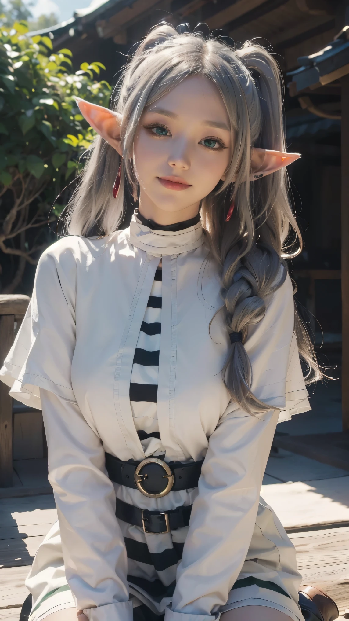 Frieren,(best qualityer,4K,8k,high resolution,work of art:1.2)(weather: cloudy), Japanese village background, Japanese garden, striped top, long sleeves, white capelet, belt, mini skirt, black pantyhose, high boots, eyeliner, long wavy hair, twin tails, white hair, elf ears, ultra detailed, realistic, portrait, beautiful detailed green eyes, glowing eyes, blush, beautiful detailed lips, extremely detailed eye and face, long eyelashes, sexy, average, large breasts, beaming smile, flirty smile, powerful girl, heroic pose, stunning curves, bright coloured, dramatic lighting,