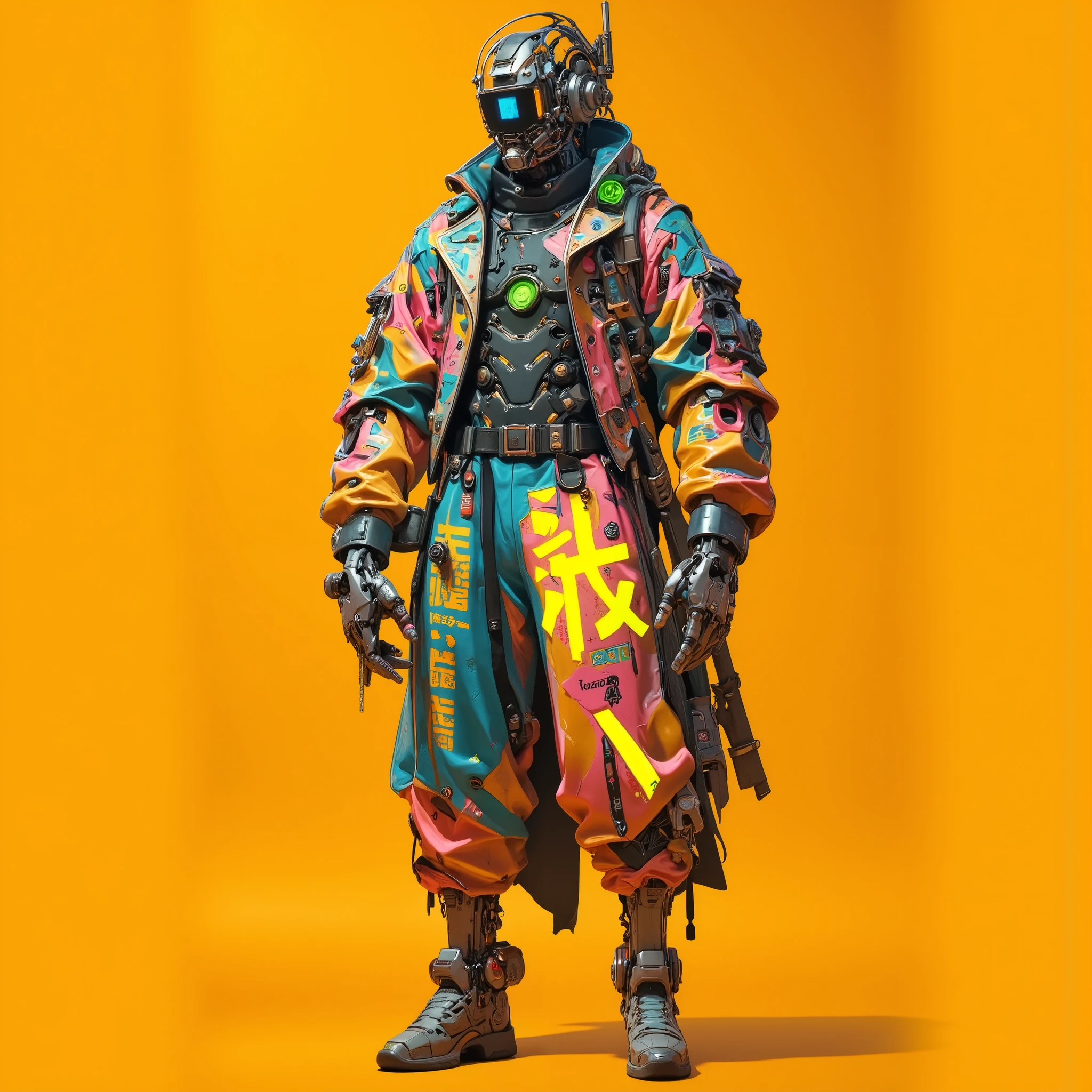 " to enhance contrast and highlight the character's bright and vibrant design {x} Design a futuristic cyberpunk character that combines advanced robotics with vibrant street fashion。 The bright yellow cloth for the stylized logo ，Showing strength and technology 。 The costume includes large layers of clothing ， with bold colorful patterns ， such as printed 、 with green embellishments and graffiti-style designs 。 characters have the weight of intricate mechanical details Armored robot body ，Create a unique fusion style。 The character's head is wrapped in a high-tech helmet package ， The helmet has a display and integrated communication system 。 accessories including robotic arms and legs ， with metallic texture and visible circuit details 。 with a warm solid orange ， costume combines traditional Japanese elements with modern street style 。 The lighting highlights the delicate texture of the armor and cloth ， forms a visually stunning picture 。