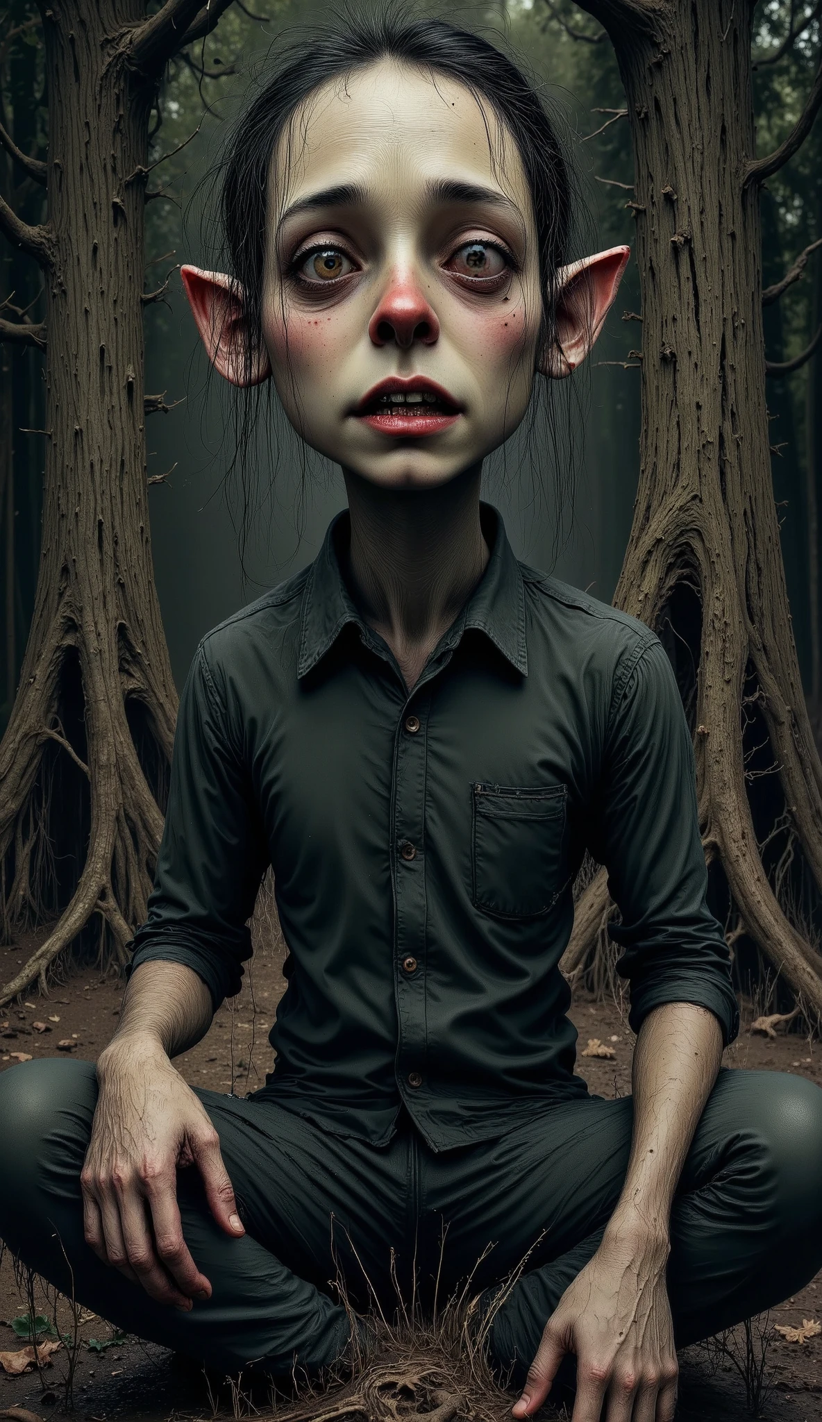 a man sitting on the ground, covered in vines, leaves, roots, dark scene, dark forest background, sad, gloomy, (best quality,4k,8k,highres,masterpiece:1.2),ultra-detailed,(realistic,photorealistic,photo-realistic:1.37),dramatic lighting,dramatic atmosphere,chiaroscuro,moody,dark colors,melancholic,detailed facial features,expressive eyes,detailed hands,intricate textures,overgrown foliage,dense undergrowth,muted tones,cinematic