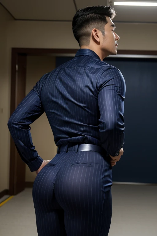 40-year-old boy Japanese muscular male in white long sleeve formal shirt......... wearing police cap, wearing navy blue slack formal pants...........gooning seductive expression.................... dripping on body and pants...................., arching back............... looking back to the camera. [[ big unrealistic butt,]] hairy legs.................. muscular thigh......................close up on butt........low angle camera.......... muscular thigh........... night dark alley