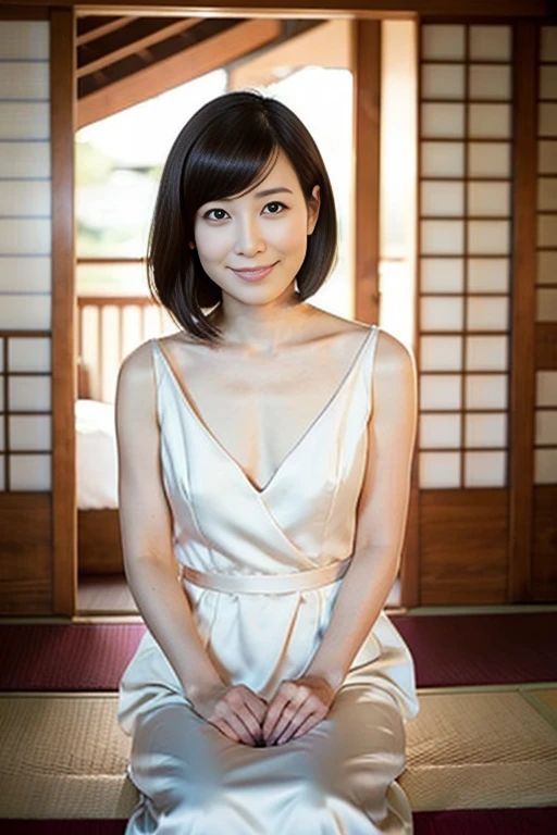 (Her breasts are spilling out of her tank top、bottomless、White panties、Black Hair、Big Ass、Japanese-style room、Veranda、View of the garden、Rural Japanese house、Summer in Japan)、Extremely sexy、smile、Professional Lighting、Small waist、Beautiful adult woman、Captivating thighs、Very large breasts、Cleavage、Lying on the tatami