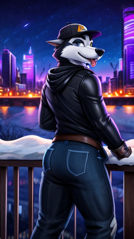 Border collie, Anthro, Furry, Wearing Blue Underwear, Skinny, behind him building And Night, his really tall, Micro Size 
