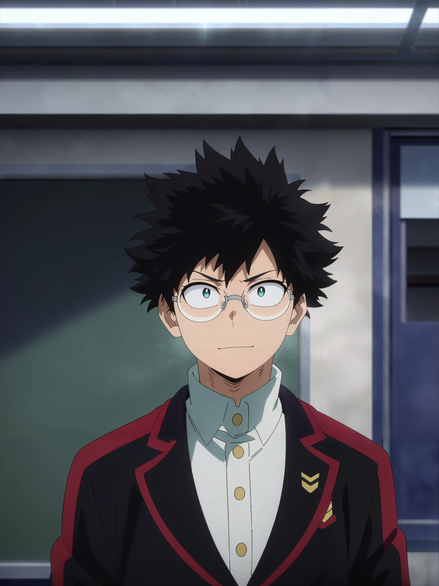 (masterpiece, best quality, anime, anime coloring:1.3).
yo-, male, wearing round glasses, white button shirt under crimson scholar uniform blazer, curly black hair, happy expression.
Daytime, classroom background, detailed anime lighting, colorfull.
My Hero Academia character, MHA style, anime style, my hero academia, boku no hero academia, animated. Anime, Best Quality, Masterpiece, High Resolution, 4K, perfect body, perfect eyes, perfect eyes, Full Quality, colorfull, Looking at viewer, Anime, Anime Style, High Resolution.