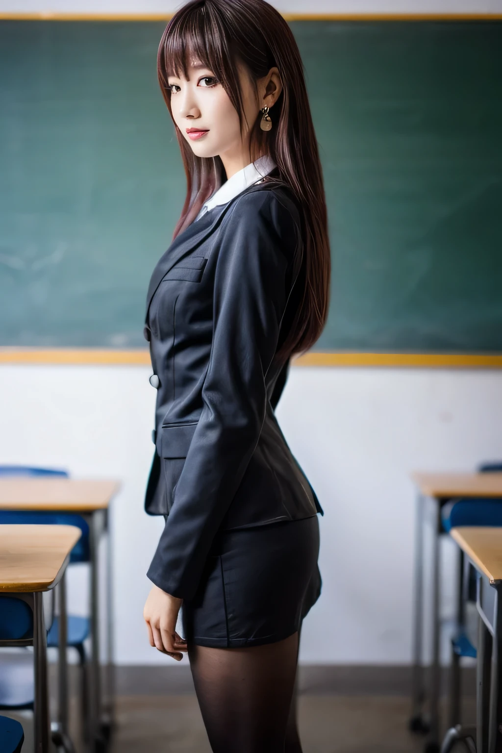 Nikon RAW photo ,8k, Fujifilm XT3 , Masterpiece , best quality , realistic, photo realistic, very detailed , 1 girl,Alone, Cowboy Portrait , diamond stud earrings , hazel eyes, Black blazer , slightly tight miniskirt from the side, classroom wearing a pair of briefs。 chest is visible, 18 years old, teacher, black pantyhose , middle breasted, audience , sexy face, Cowboy Shot、,slouch,