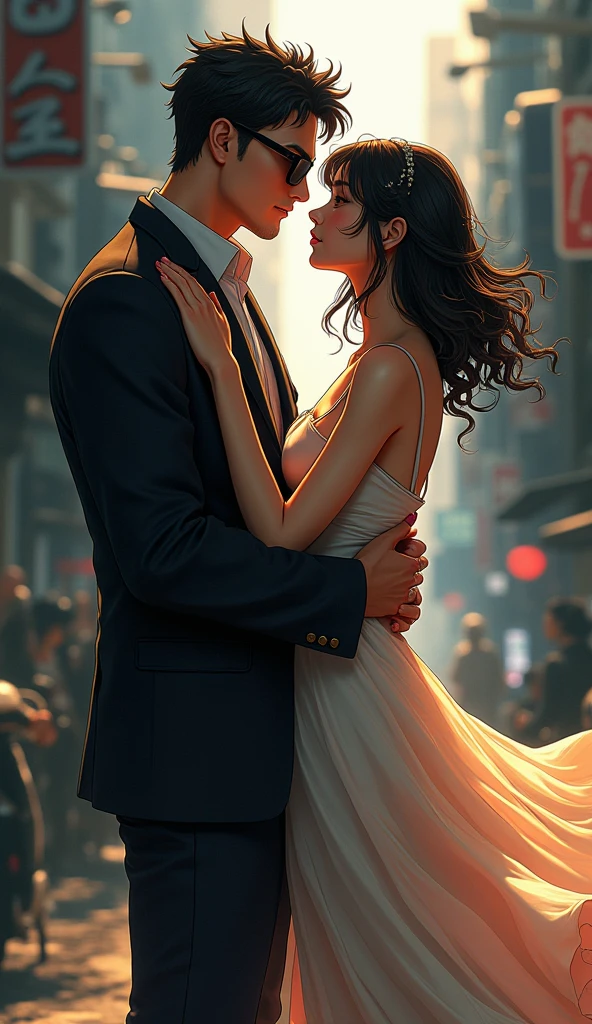 Wide shot of a couple dancing in the rain hand on her waist, getting wet in the rain, the girl is wearing a long open sleeveless dress one of the offenders, the man is wearing a black and white suit.