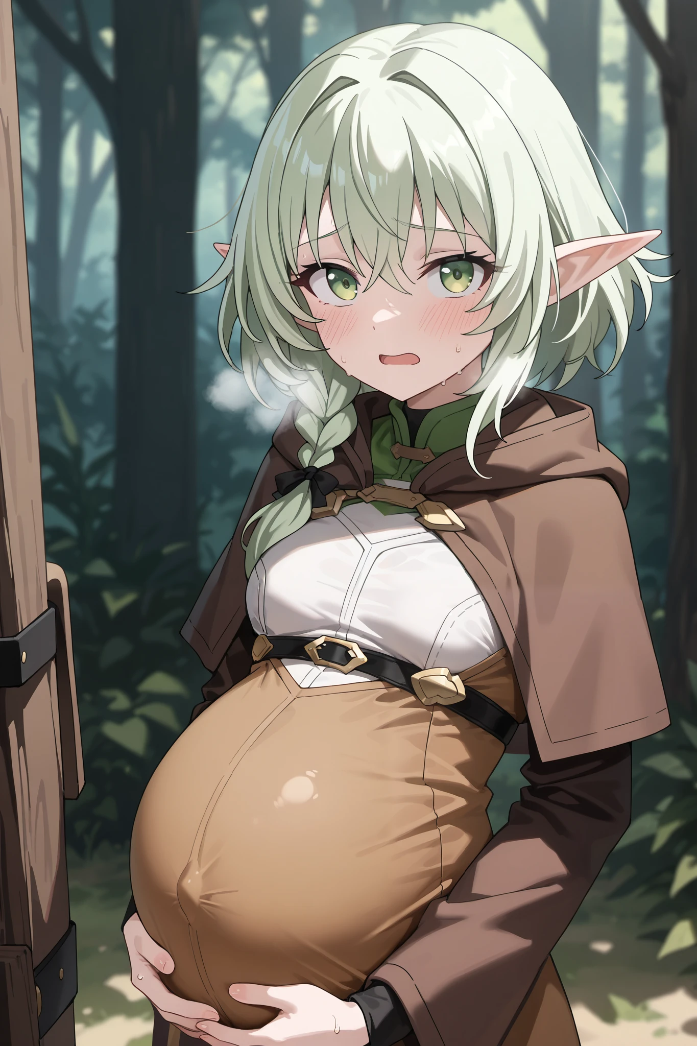 Anime. 1 girl. Young woman. Elf. Slave. Pregnant. Barren pregnancy. Slave collar. Shackles. Dirty tunic. Torn tunic. Blonde. Long hair. Green eyes. Beautiful eyes. Pointy ears. Cold. Runny nose. Sneeze. Sneezes. Snot flows from the nose. Covers his nose with his hands. Snot runs from the nose to the palms after sneezing. Standing. Full body.
