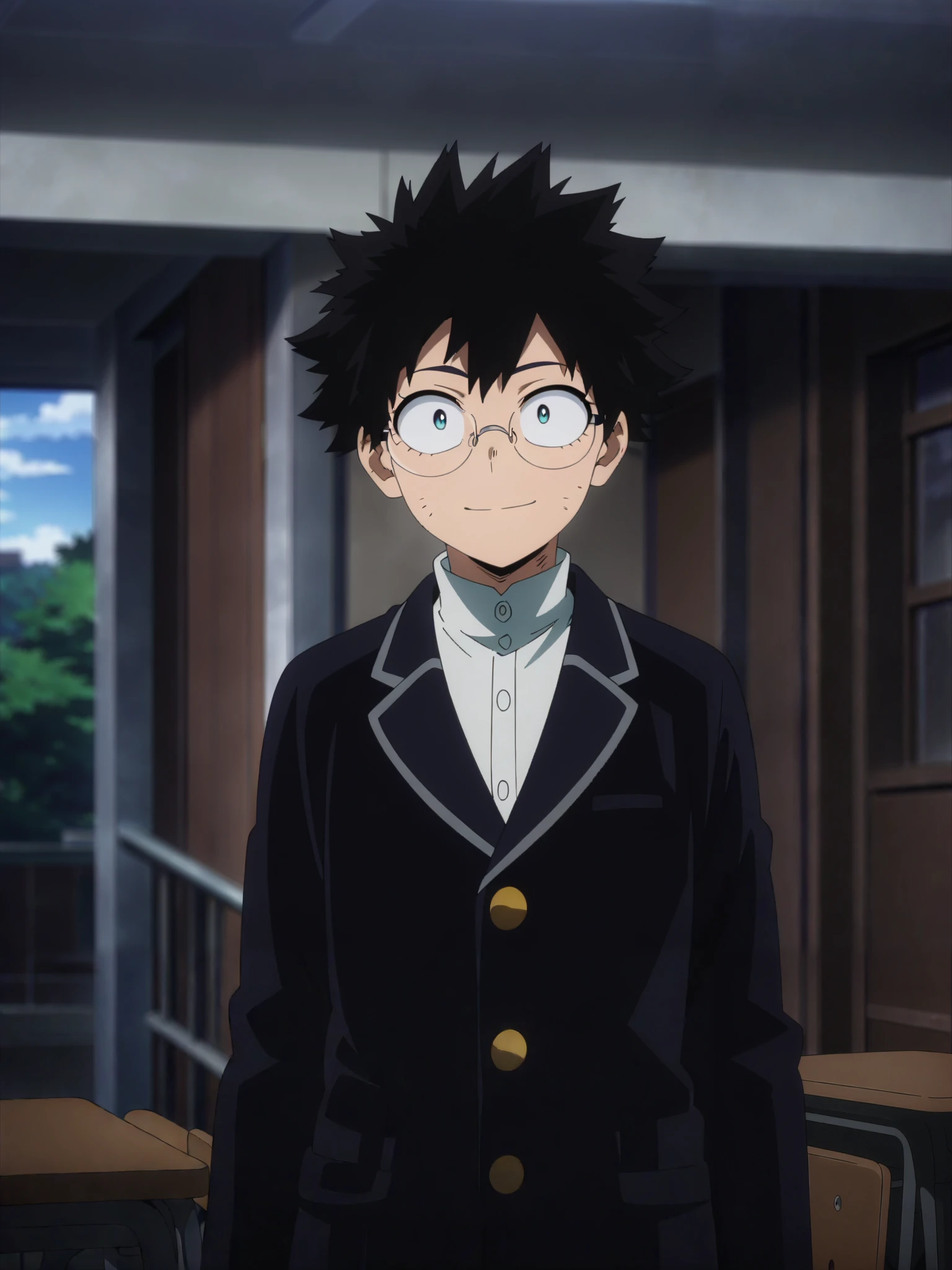 (masterpiece, best quality, anime, anime coloring:1.3).
17yo-teen, male, wearing round glasses, white button shirt under crimson scholar uniform blazer, curly black hair, happy expression.
Daytime, classroom background, detailed anime lighting, colorfull.
My Hero Academia character, MHA style, anime style, my hero academia, boku no hero academia, animated. Anime, Best Quality, Masterpiece, High Resolution, 4K, perfect body, perfect eyes, perfect eyes, Full Quality, colorfull, Looking at viewer, Anime, Anime Style, High Resolution.