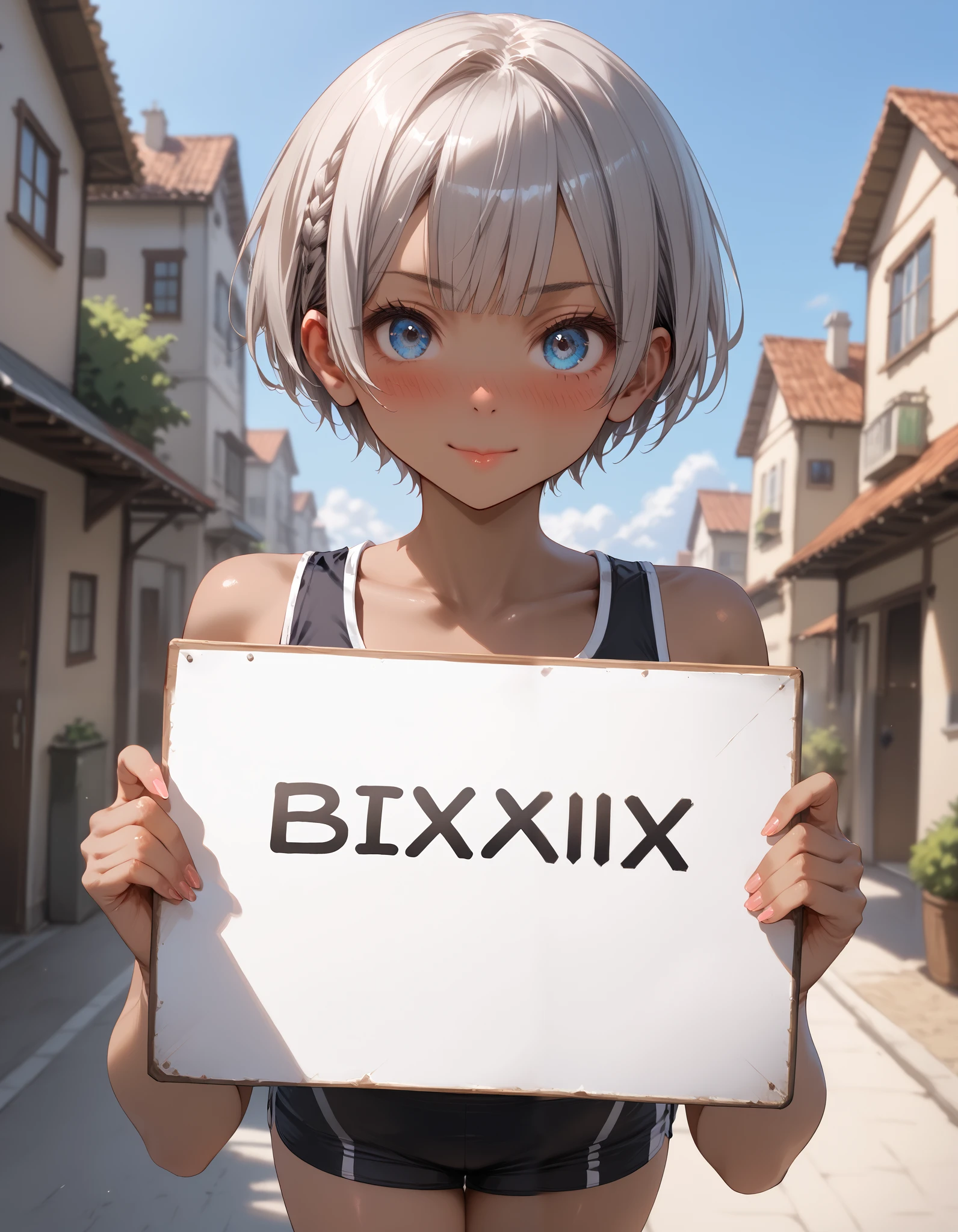(holding with two hands, holding sign, white sign, big sign, holding blank sign, pixie cut:1.5), from front, upper body, dark skin, dark-skinned female, photorealistic, detailed coloring, anime style, detailed high quality, chromatic aberrations, ultra detailed quality skin, detailed ray tracing lighting, masterpiece、 best quality、masterpiece, high definition , 8K quality, perfect face, 1 girl, beautiful face, beautiful detailed eyes, Alone, cute face、Beautiful silver hair、blue eyes, (hair band), Blunt bangs, 24-years-old, (tsurime), スレンダー、美しい顔、細いウエスト、French braid, (embarrassed, nose blush, from front upper body:1.2), smile, closed mouth, red cheek, medium breasts, large butt, looking at viewer, cleavage, hair slicked back, collarbone, Staring at the viewer, (crop top, revealing clothes, sports shorts), ass line, cowboy shot, dynamic angle, sexy pose, sensual expression, sensual pose, blurry background, covered nipples, simple background, pink beige background,