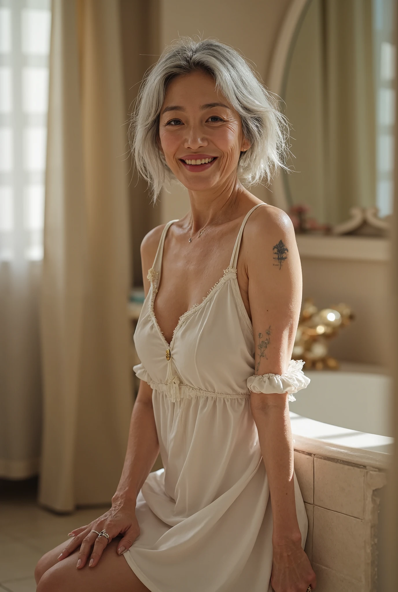  Photorealistic 、 full body image 、5 beautiful old women who are good friends、70 years old、 Japanese、Charismatic Old Prostitute 、 with a thin and poor body、 damaged gray hair 、 small wrinkles and freckles and moles on the skin 、Wedding Rings、Happy smile、I'm wearing a small, obscene mini nightgown in pure white、 high pin heel 、They are having fun together in front of the bathroom of a beautiful luxury brothel illuminated by the bright sun、 looking at the camera