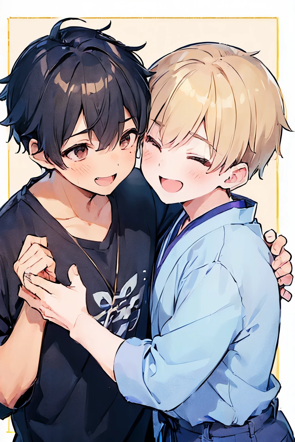 ((boy:1.5)),((やおい:1.35)),((gay couple:1.0)),laughing together,attractive boy, beautiful boy,modesty, radiant smiles, 8k resolution, aesthetic.