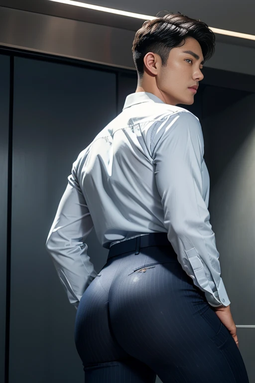 40-year-old boy ,Korean bulky male officer ,Wear navy blue police uniform shirt................ pinstripe navy blue smooth tight trouser, transparent pants obvious underwear print ,((unrealistic super big tight butt wearing pants)), legs wide open, legs on shoulder, missionary POV, men drooling ,8K,Cinematic lighting effects,Textured skin,best qualtiy