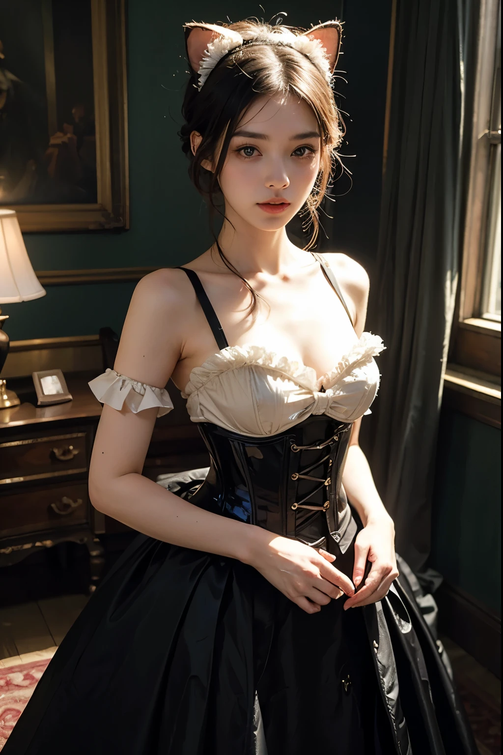 (((masterpiece)))、((top-quality))、(The ultra-detailliert)、(CG Illustration)、(Very Beautiful Little Girl))、Cinematic Light、((1 Mechanical Girl))、 scientific fiction、Apocalypse、Erotic grotesque、research institute(Beautiful and indulgent:1.2)、(1girl in:1.3)、Facing the front,A dark-haired,Corset Belt,blue high waist skirt,