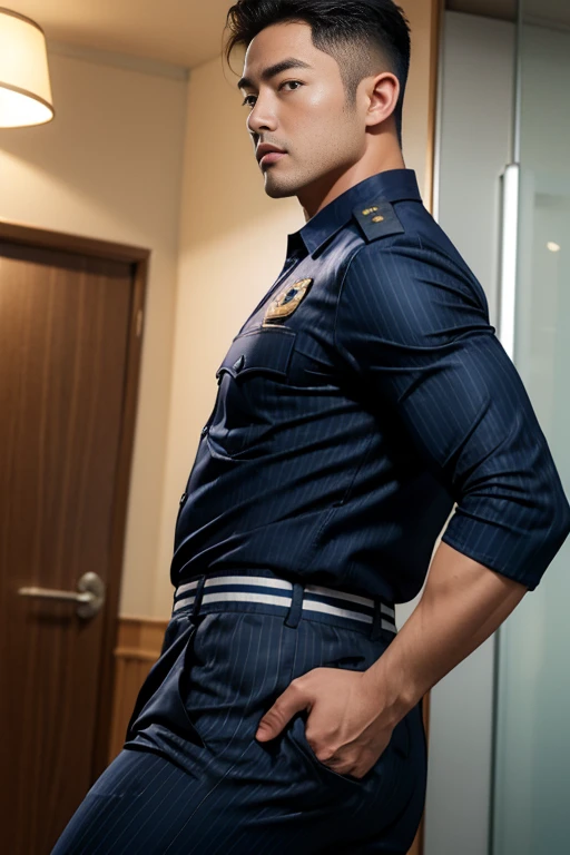 25 years old indian gurjar hunk in navy security guard uniform with batches on shirt and huge bulge, head to thighs