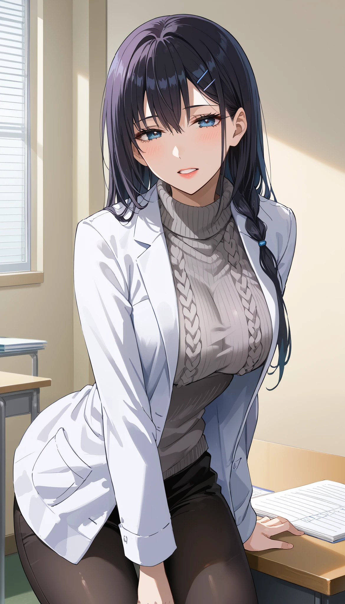 score_9, score_8_ up, score_7_ up, source_Anime,Masterpiece, turn your back、 dull 、 relaxed expression 、 tired face、Stay up all night 、 depressed face、 best quality , beautiful and delicate eyes , lips with beautiful details, hopeless expression 、Lazy face 、 It looks bad、 very detailed eyes and face , tired look、 Long chest, female 1 person, Wear a white coat、 sweater under a white coat , [doctor、 gray sweater 、 gray sweater 、 dowel dowel sweater 、Matte Clothes 、、 skinny pants , Big Saggy Breasts , shockingly big breasted , big breasted , room, No Feelings 、 zitales , make up、 no make up、 black hair、 long hair、 zitales 、A tired face、Painful face、 from behind 、 One person 、 Turn back、 thighs full hips 、teethを突き出す、 turn your back、teeth、おteethを強調、 Place your hands on the desk、机に手をついてteethを突き出す、 face down on the desk